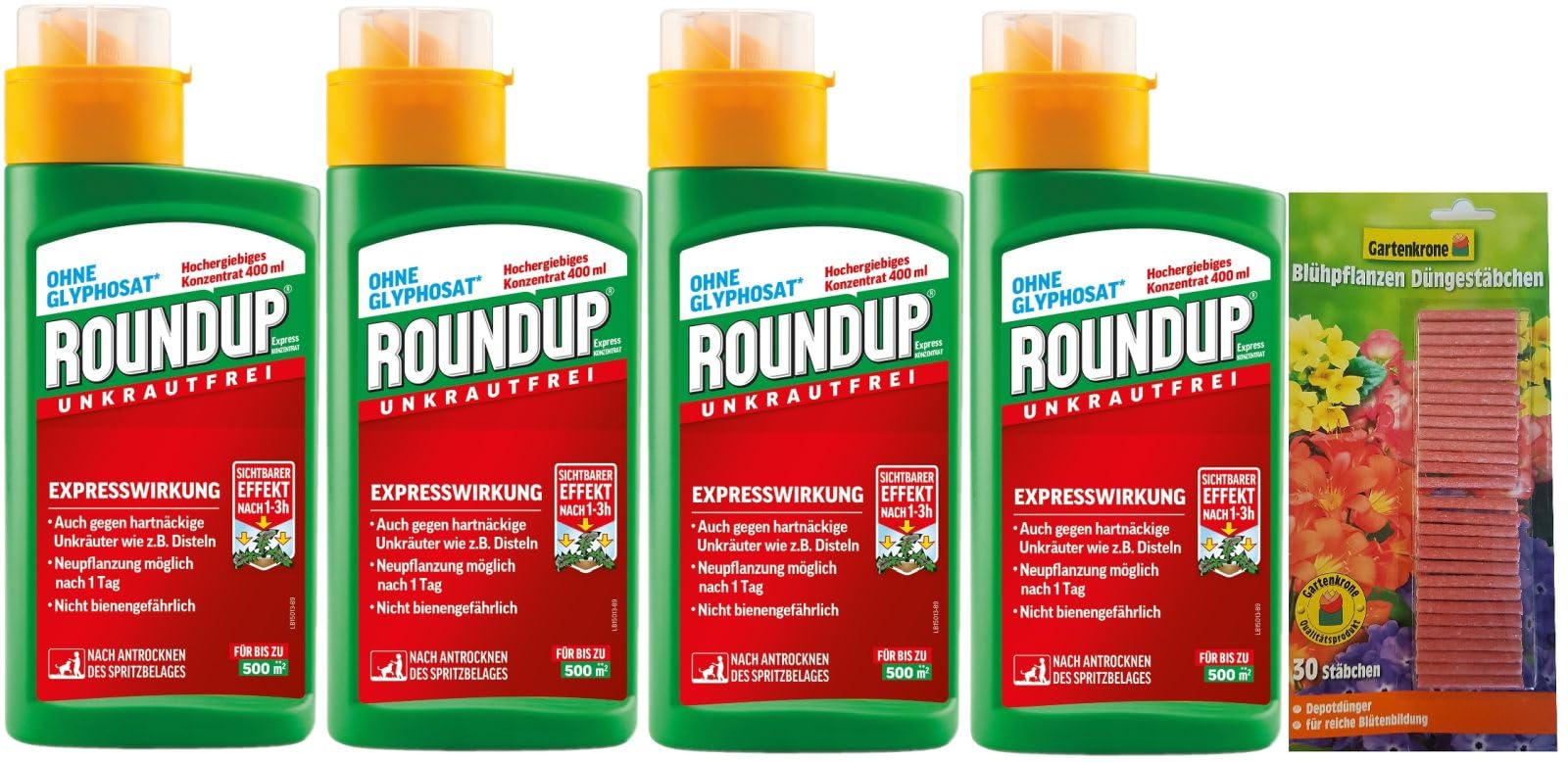 Celaflor 4 X 400 ml Roundup Express Konzentrat +30er Gartenkrone Düngestäbchen (Unkrautvernichter), Grün