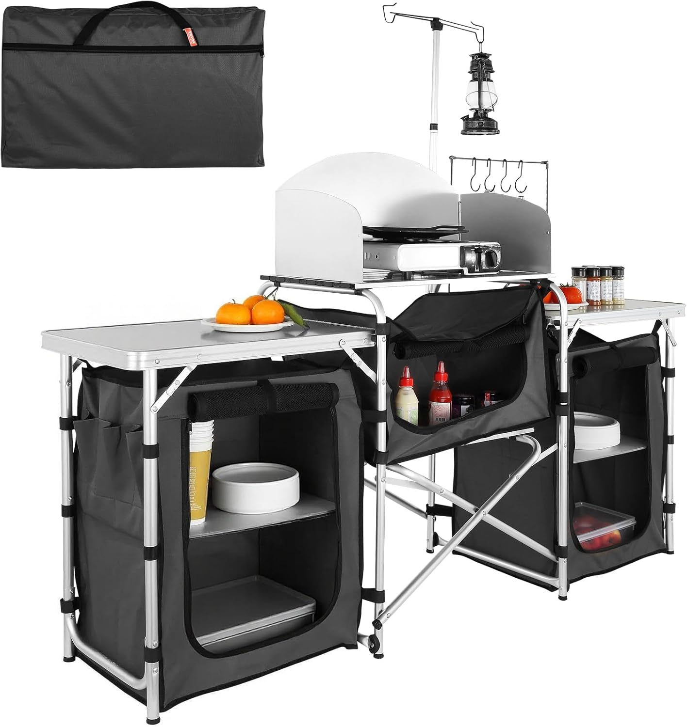 VEVOR Camping Kitchen Table, Folding Outdoor Cooking Table with Storage Carrying Bag, Aluminum Cook Station 3 Cupboard &amp; Detachable Windscreen, Quick Set-up for Picnics, BBQ, RV Traveling, Black
