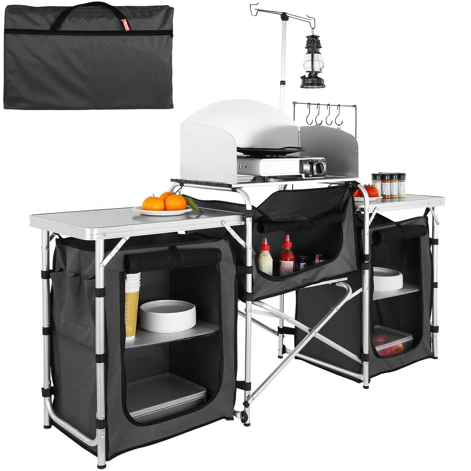 VBENLEM Camping Outdoor Kitchen 2-Tier Camping Kitchen Table with 3 Zippered Bag Camping Table 2 Side Tables Camp Cook Table Portable Outdoor Camping Table for Outdoor Activities Black