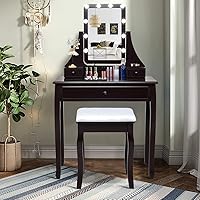 Vista 11 de CHARMAID Escritorio de maquillaje para niñas con luces, mesa de tocador con espejo iluminado, 3 modos de iluminación, brillo ajustable, mesa