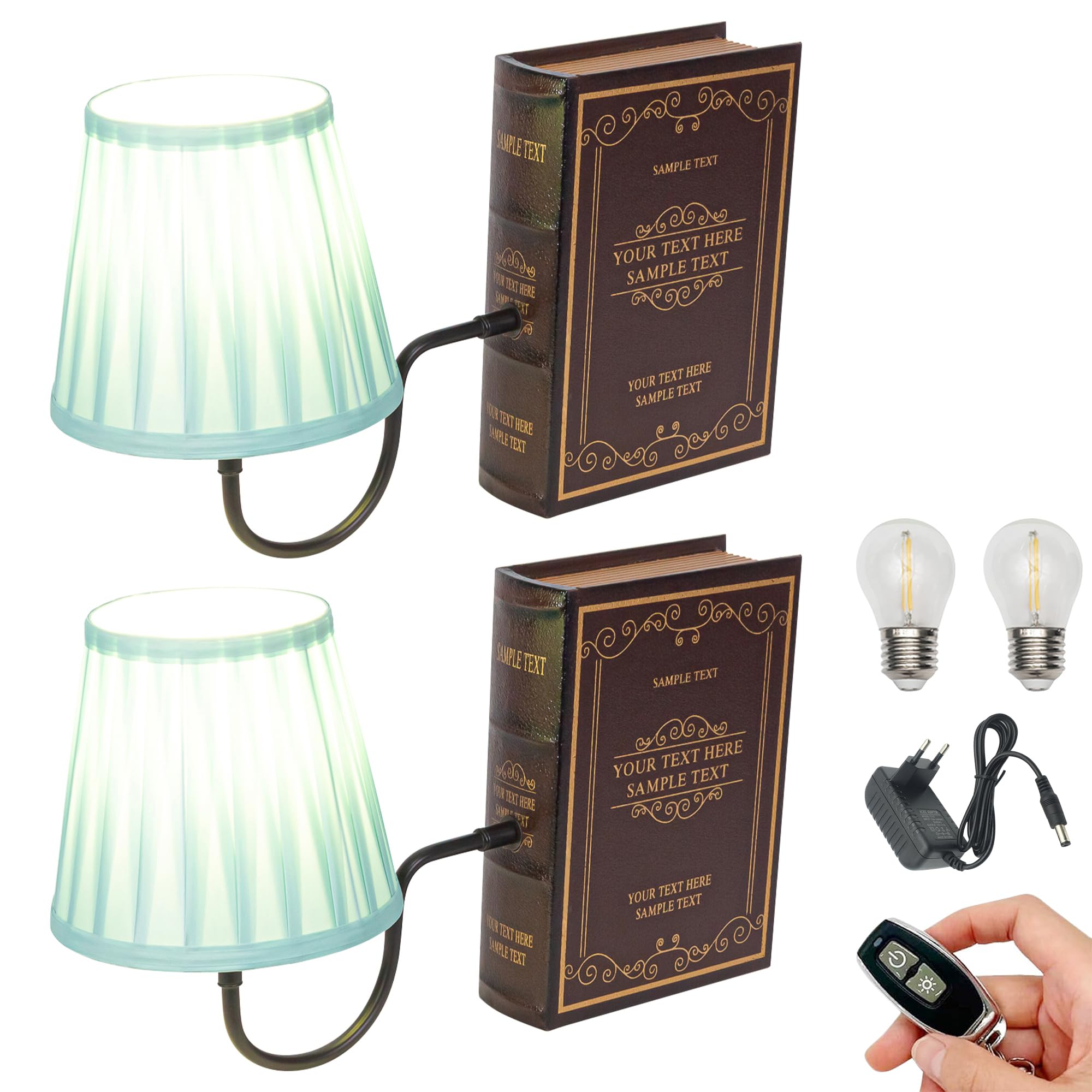 LED Buchlampe mit Fernbedienung, Vintage Dimmbar Nachttischlampe mit Stoffschirm 1xE27-Fassung,2er-Satz Wiederaufladbare Tischlampe Zeitschaltuhr für Nachttisch Beistelltisch -TD0619
