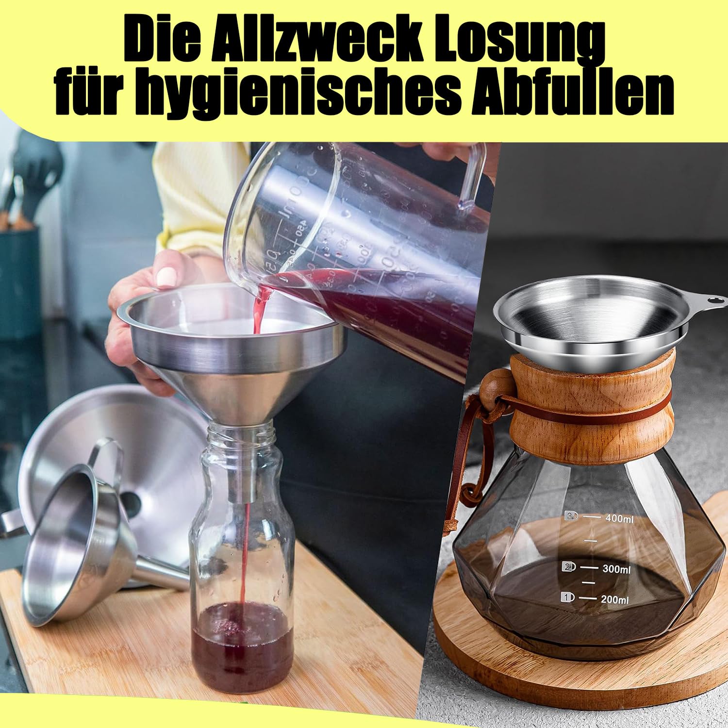 3 stuks trechters van roestvrij staal, keukentrechterset met handvat en 2 reinigingsborstels, stapelbare kleine trechter voor het overvullen van vloeistoffen en poeders, 4,5/5,5/7,5 cm