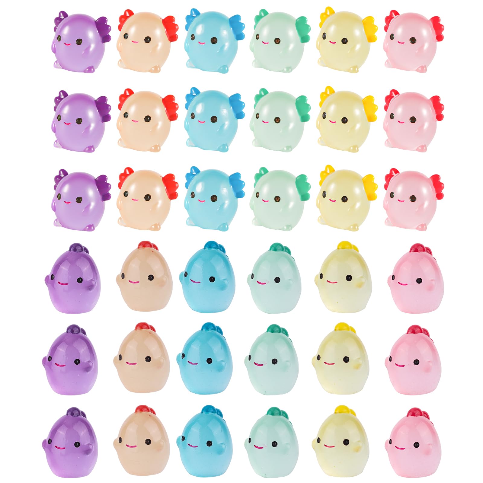 36pcs Mini Resin Axolotl & Miniature Dinosaur Figurines, Glow in the Dark Tiny Animal Figures to Hide Small Luminous Charm Ornament for DIY Craft Home Dollhouse Garden Decor (6 Colors, 2 Styles)
