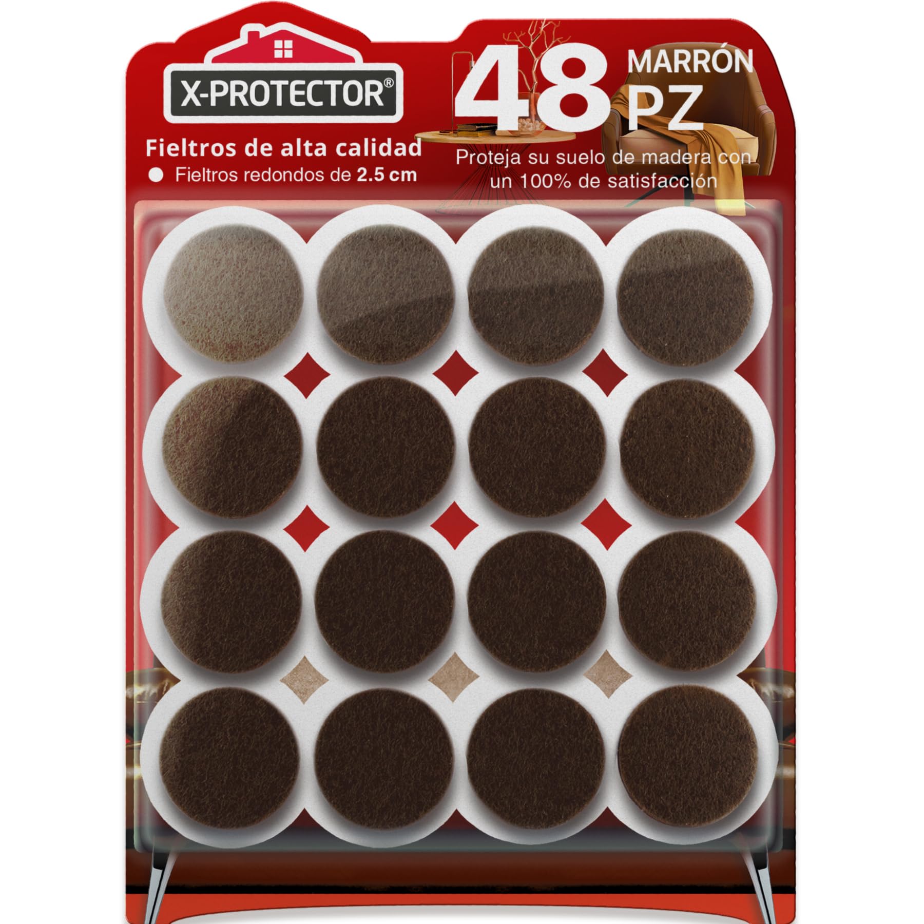 Almohadillas de Fieltro X-Protector – 48 Fieltro Adhesivo Premium Marrón 25 mm – Fieltros para Sillas – Protectores de Suelo para Muebles - Tapones para Patas de Sillas - Protector Patas Sillas