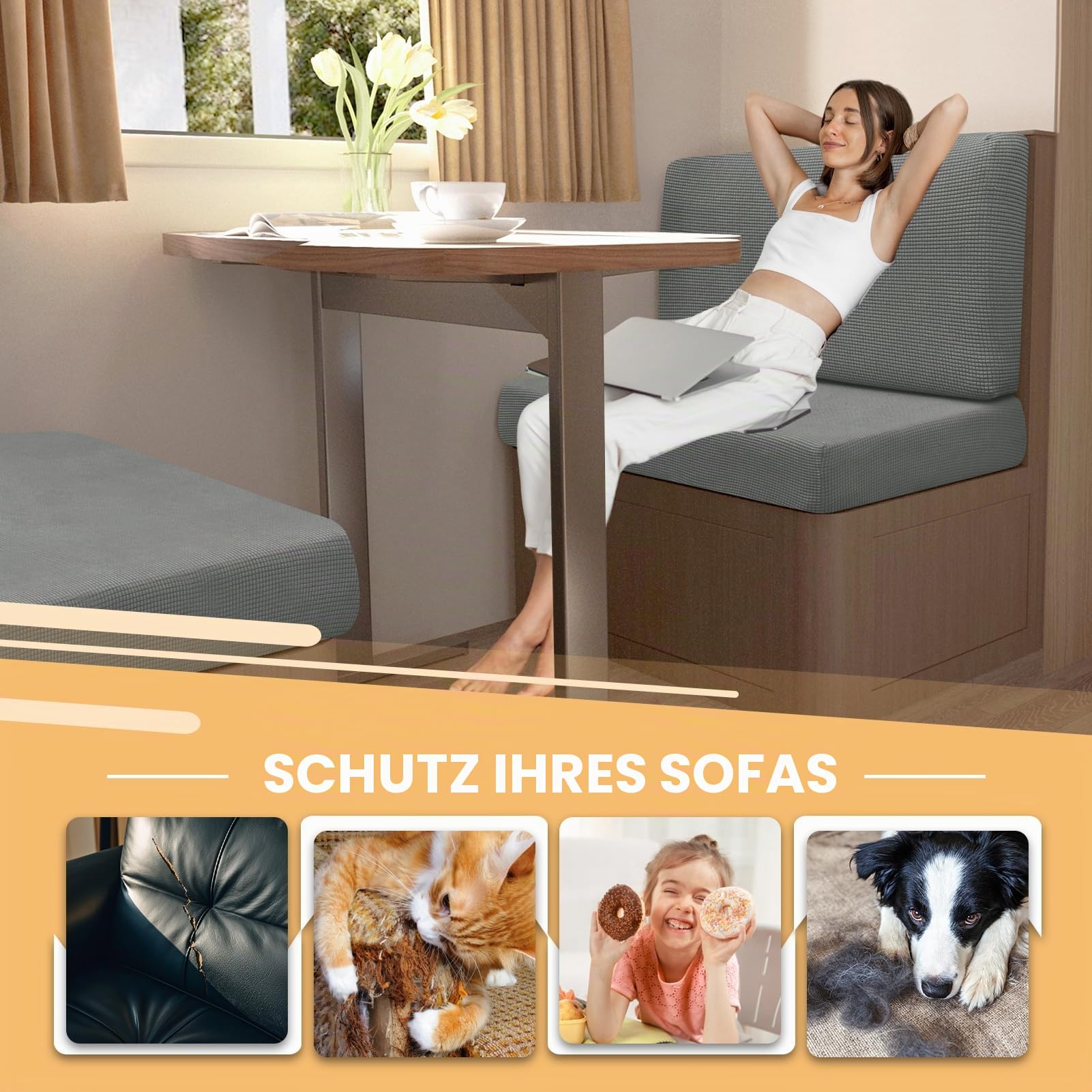 Bezüge Für Wohnwagenpolster Jacquard, rutschfeste Wohnmobil Sitzbezüge Mit Verstellband, Sofa Sitzkissenbezug Für Schonbezug Wohnwagen Polster waschbar (Dark Grey,W 65-95cm, D 20-35cm)