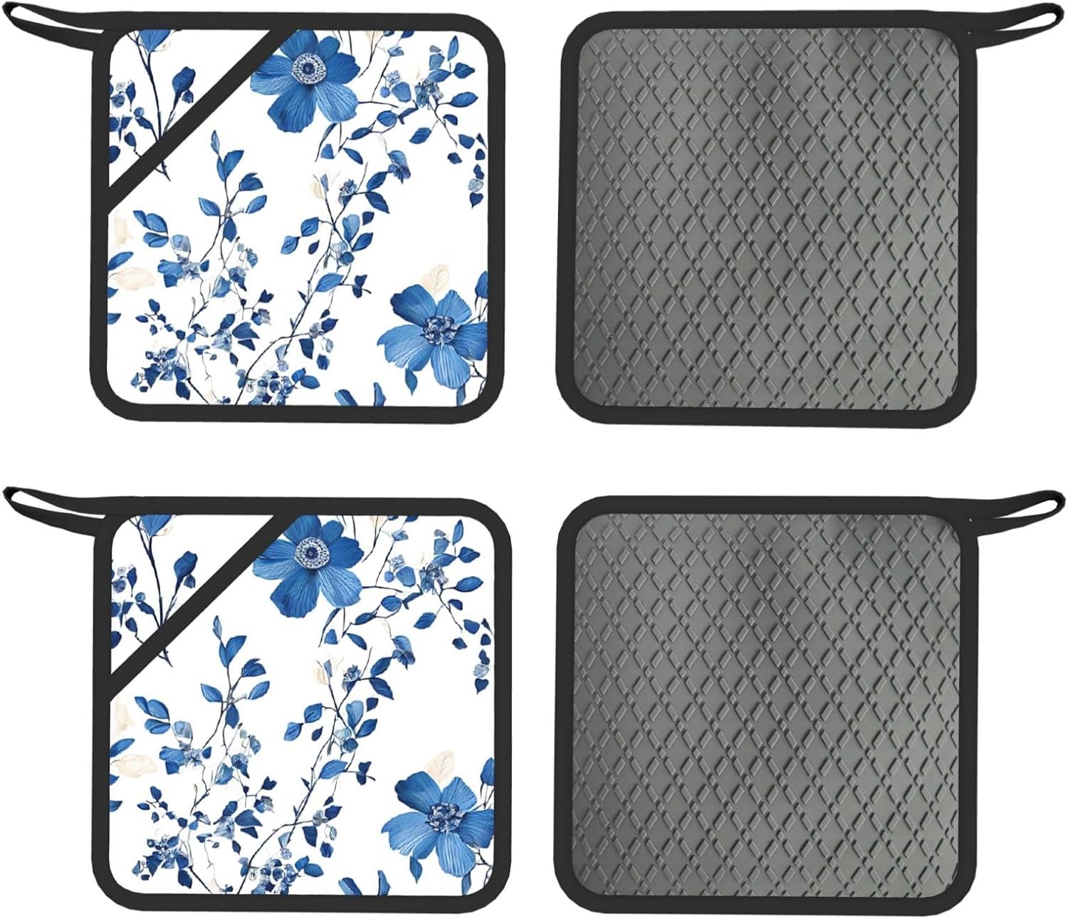 Blue Flower Floral Pattern Roses Oven Mitts and Pot Holders Set of 4 Heat Resistant Kitchen Gloves with Silicone Palm Hot Pads for Baking Cooking Grilling BBQ