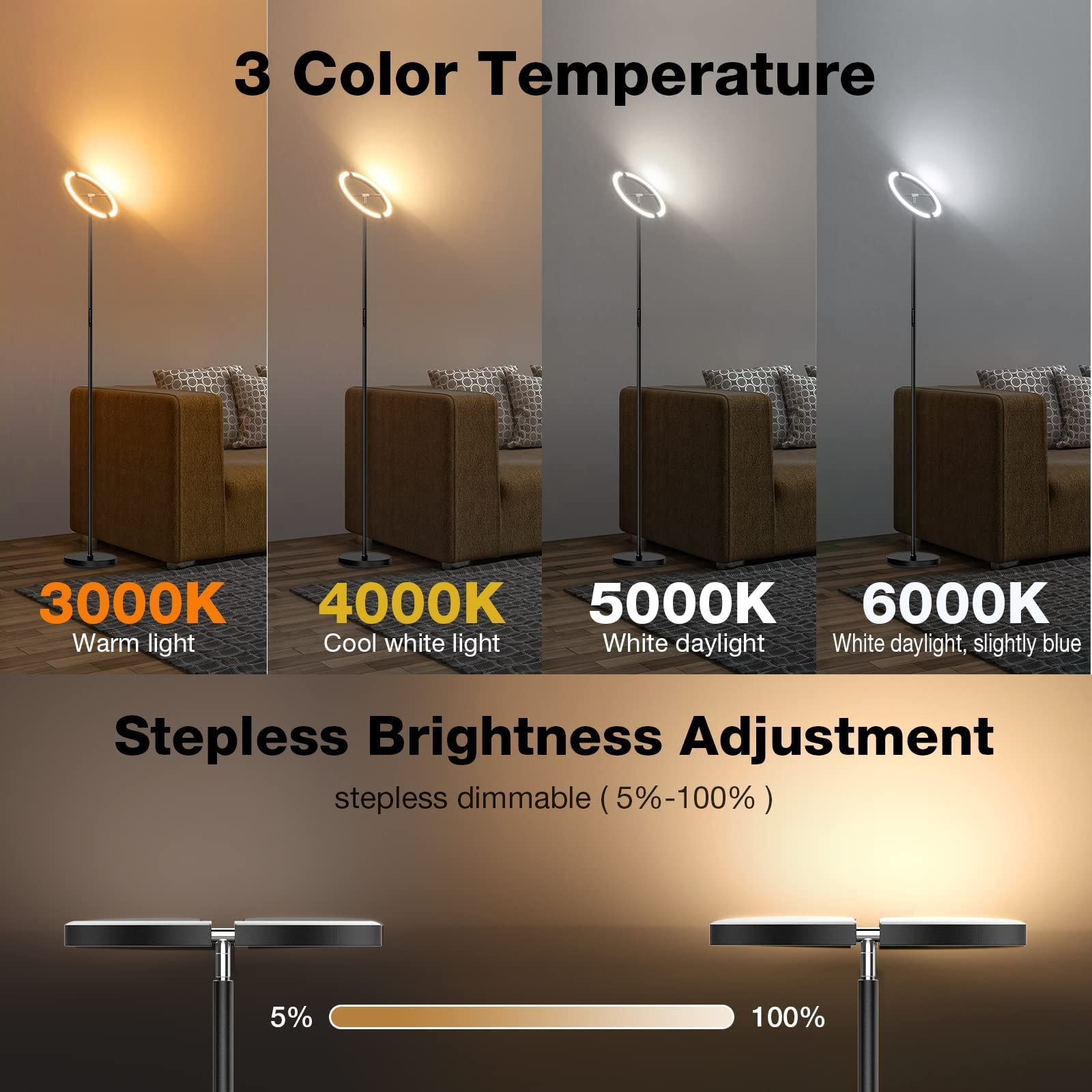 SIBRILLE Lampade da Terra Dimmerabile, Piantana Lampada da Terra 20W 3000K-6000K, Lampada Salotto da Terra 4 Temperature di Colore e Oscuramento Continuo, Piantana con Telecomando e Controllo Tattile