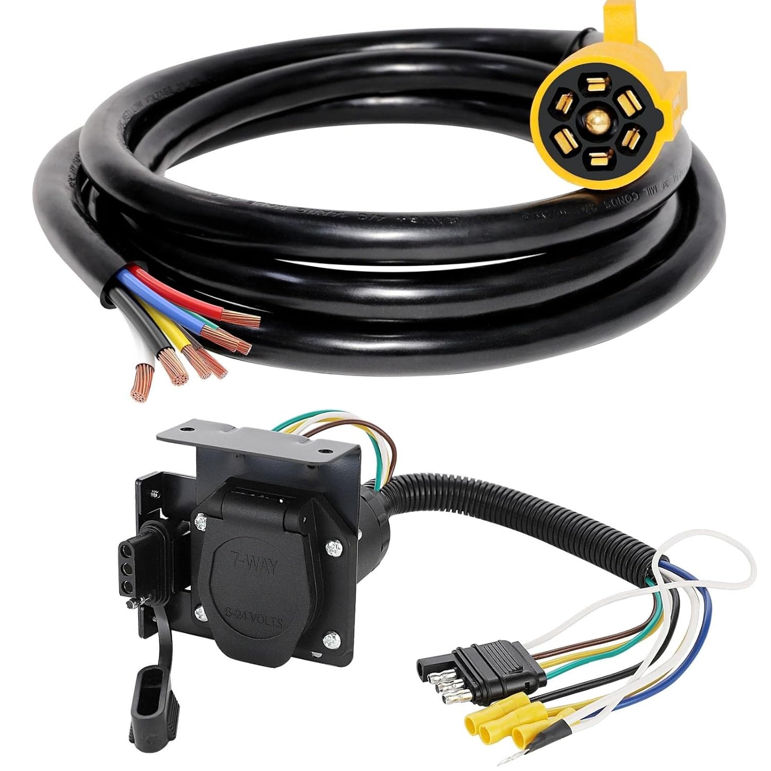 MECMO Multi-Tow Trailer Adapter 4-Way Flat to 7-Way RV Blade and 4-Way Flat Female Trailer Wiring Connector + 7 Way Trailer Plug Cord with Double Prongs Connector UL Listed - 8 Feet