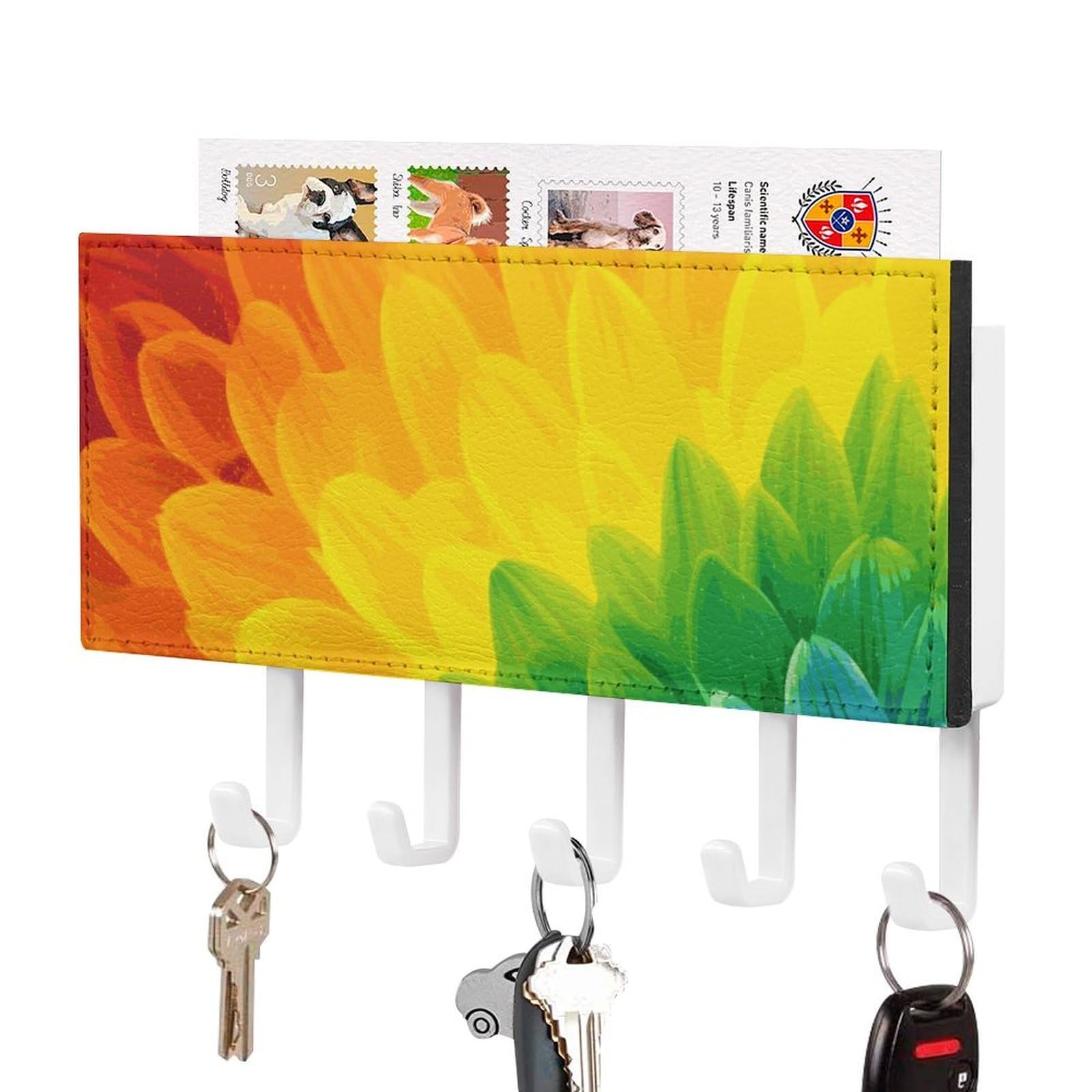 JTREHY Sunflower Rainbow Holder Wall-Mounted Key and Mail Holder,Key Rack with 5Keys Hooks, Easy to Install Mail Organizer for Entryway, Front Door, Hallway, Office