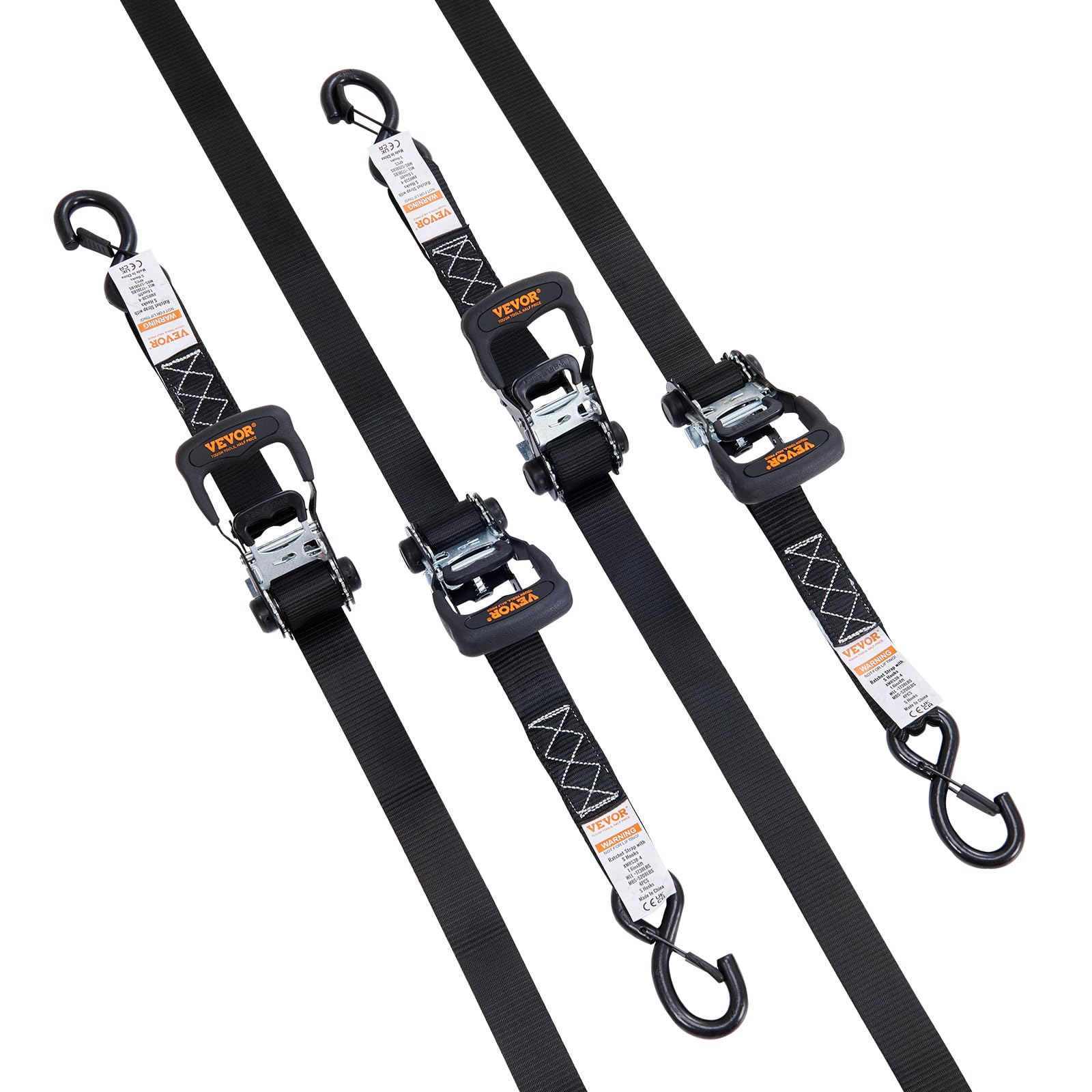 VEVOR Sangle à Cliquet Lot de 4 Sangles d'Arrimage Résistance à la Rupture Maximale 2362 kg 0,04x2,4 m pour Sécuriser Cargaisons, Appareils Électroménagers, Équipement de Jardin, Motos, Déménagement