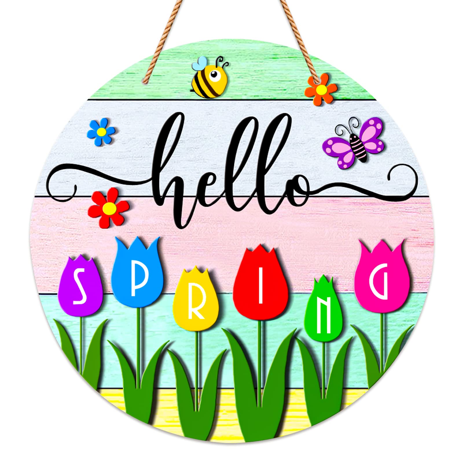 JUESMOS Hello Spring Door Decorations Colorful Tulip Flowers Spring Wreath Sign for Front Door Welcome Spring Door Sign Farmhouse Spring Decorations