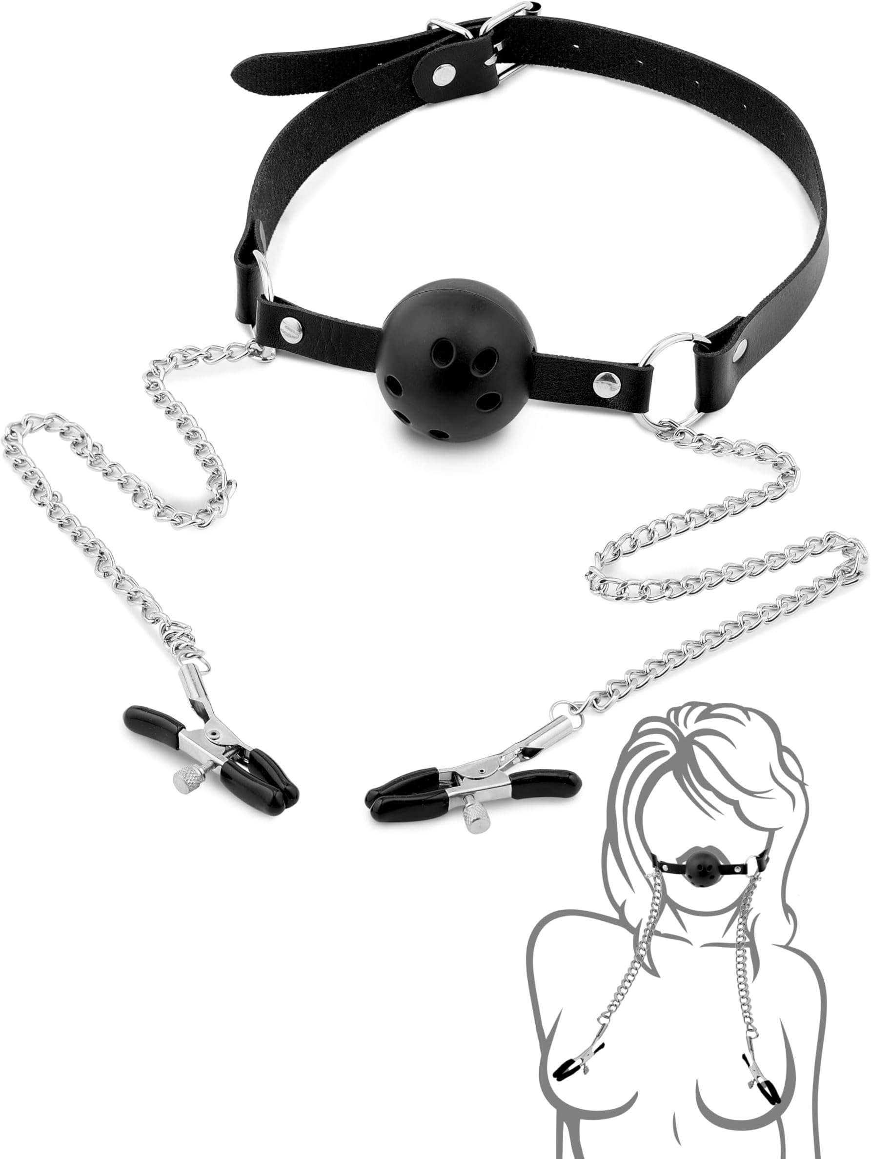 Breathable Mouth Ball Plug with Adjustable Strap, Non-Piercing Clips Clamps and Chain, Women Accessory for Play
