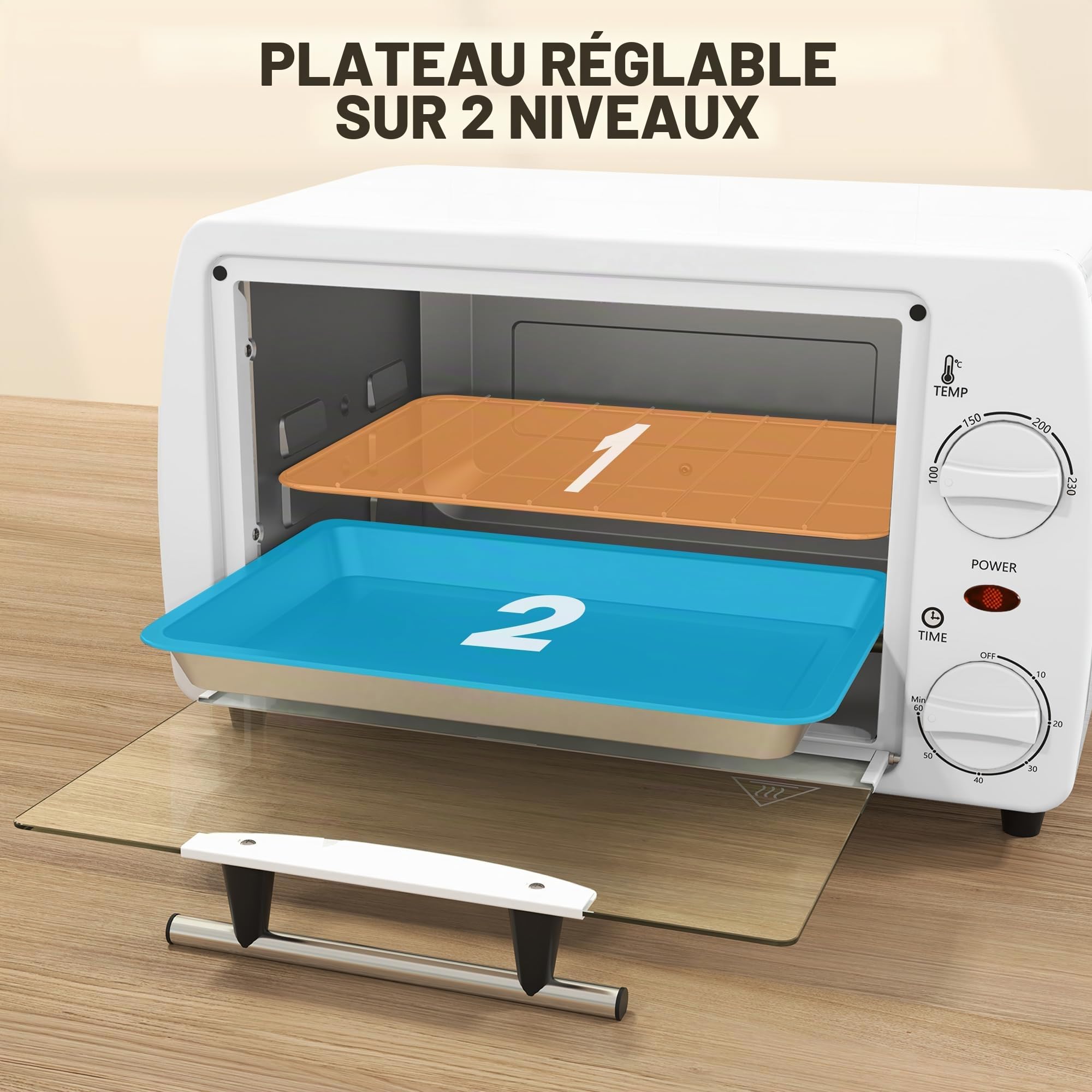 HOMCOM Four électrique de table 10 litres 750 W Petit four électrique avec température jusqu'à 230 ℃ Minuteur 60 minutes Plateau et grille 36,5 x 26 x 22 cm Blanc