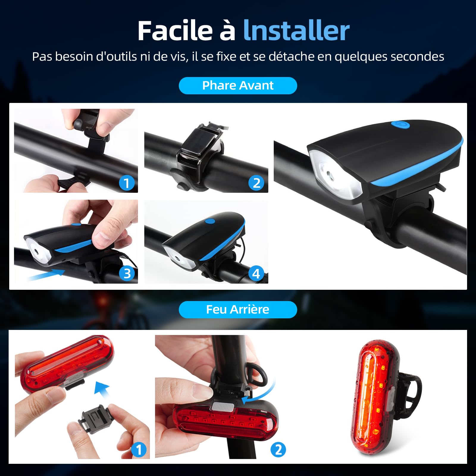 Kit Lampe Vélo Avant/arrière USB Avec Buzzer – Éclairage LED Puissant, 1200 MAh, IP65, 3+4 Modes – Rechargeable, étanche Et Facile à Monter Pour VTT, VTC Ou Ville