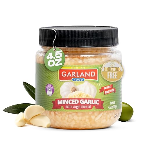 Garland Food Minced Garlic in Jar in Olive Oil 4.5 oz – Made in the USA – Minced Garlic in Olive Oil Ready to Use for Cooking & Marinades