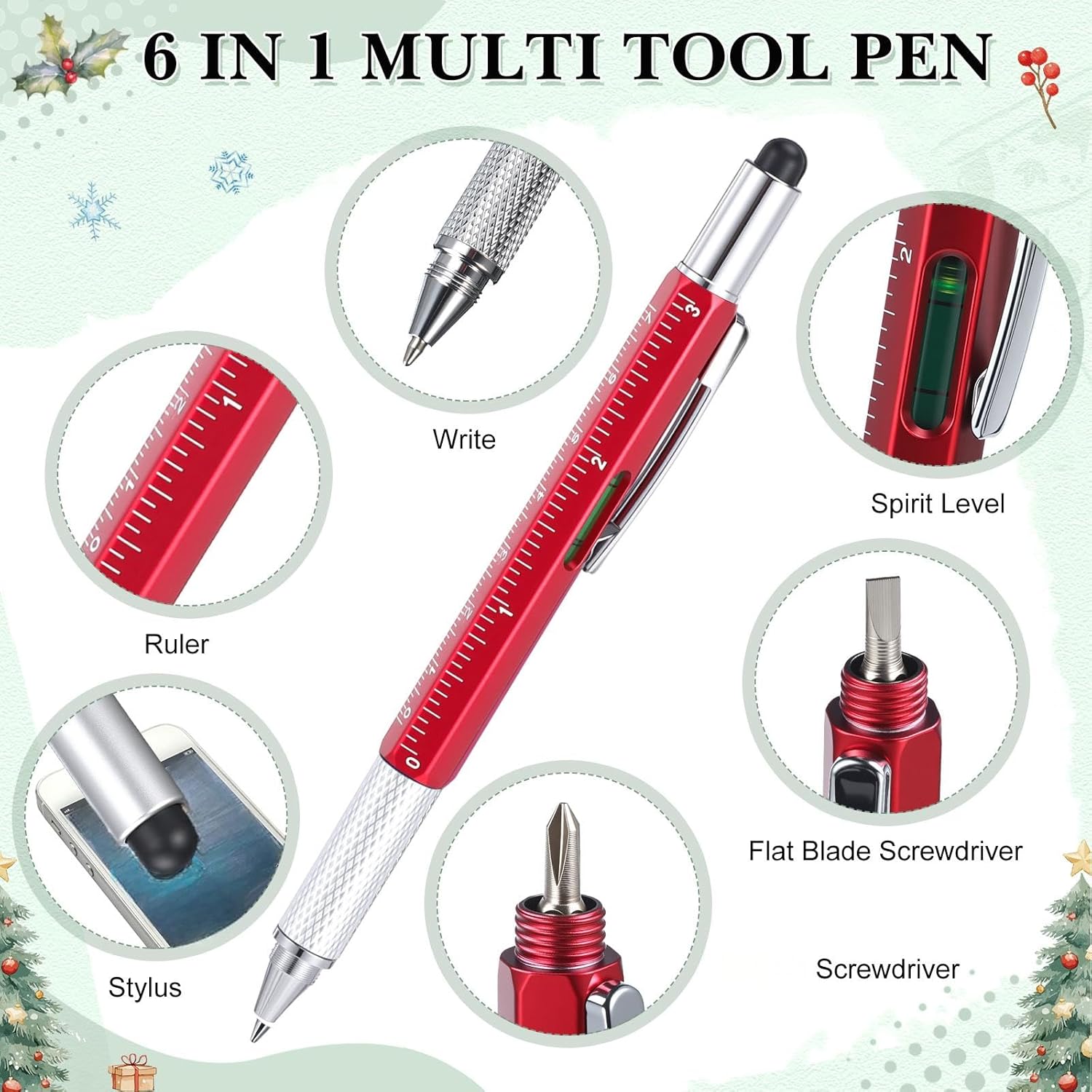 Pajean 24 Set Christmas Gifts Bulk for Men 6 in 1 Multi Tool Pens with Ruler Level Stylus Screwdriver Christmas Bookmark Card for Men Dad Husband Staff Coworker Church Xmas Holiday Party Favors(Xmas)
