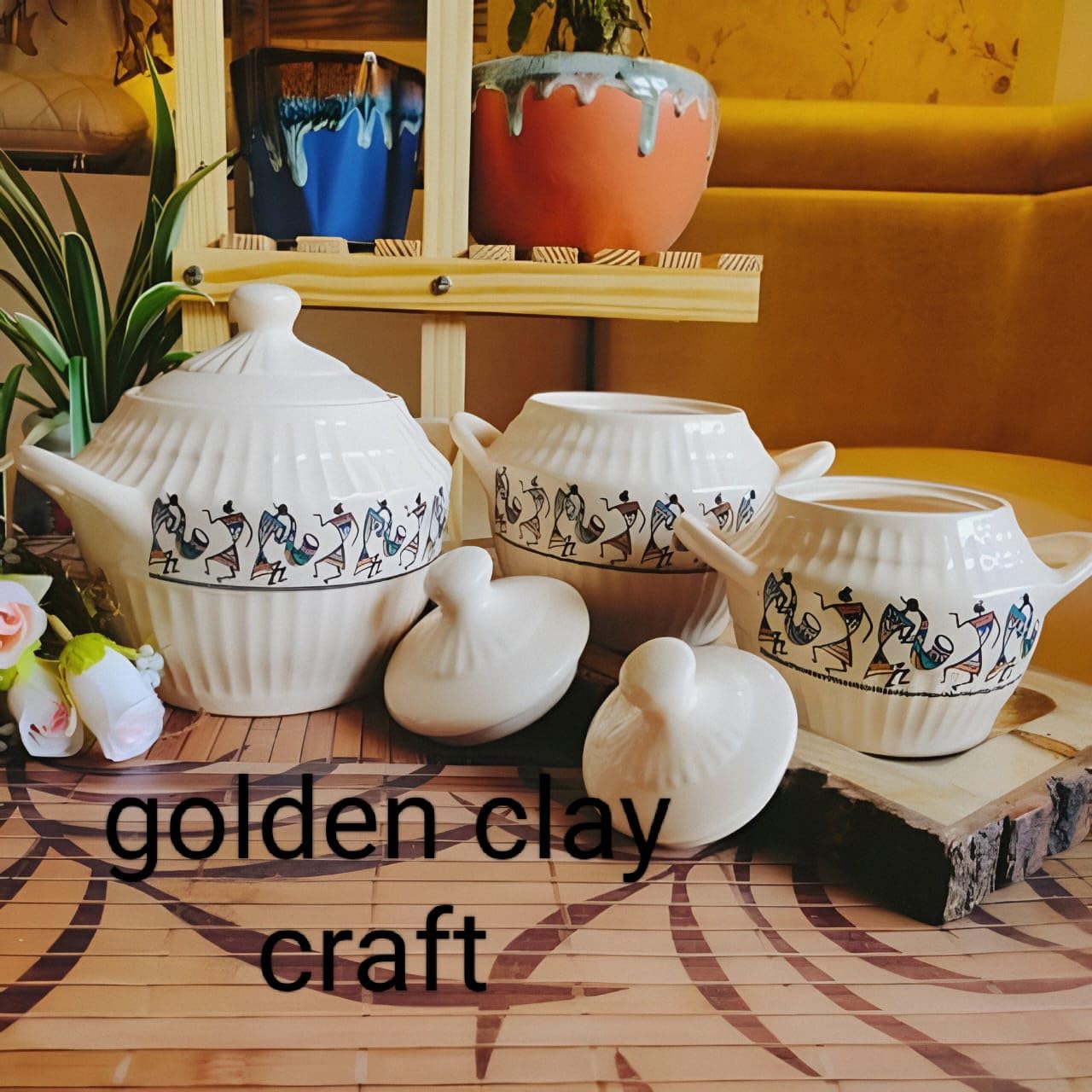 Buy Golden Clay Craft Handcrafted Ceramic Serving Donga Set with Lid
