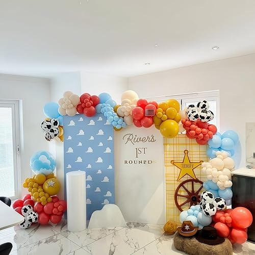 Miniatura 5 de Kit de arco de globos del oeste, 123 piezas retro naranja quemado pastel, azul mostaza, amarillo mostaza con estampado de vaca, globos de impresión