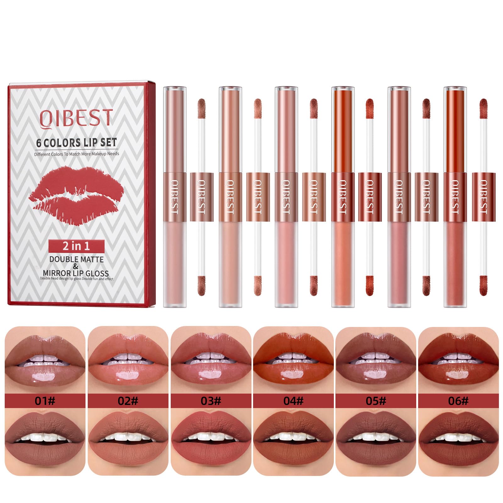 Rechoo 2in1 Lipstick Set, 6pcs Double-head Matte and Glossy Liquid Lipstick Set, Nude Pink Red Lipgloss, Waterproof Long Lasting Durable Lip Tint for Makeup(Set A)