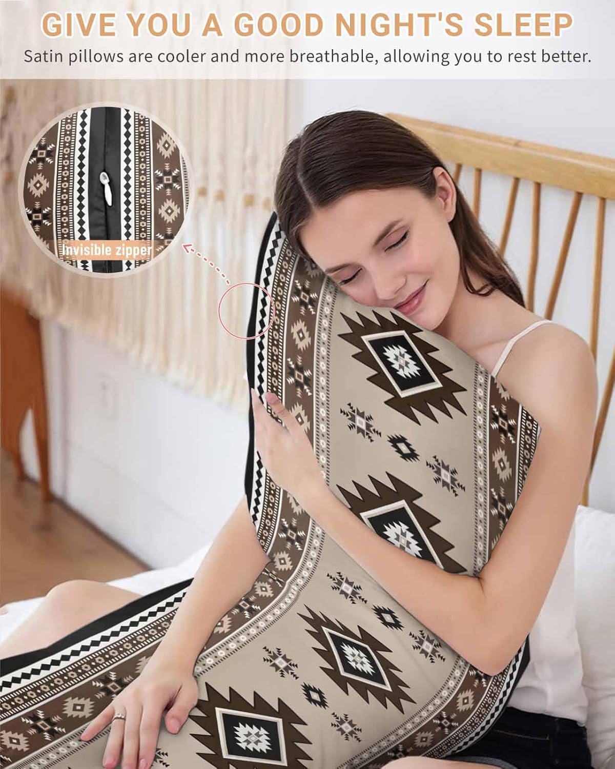 Brown Aztec Pillow Cases Cal King Size, Boho Southwest Ethnic Neutral Motifs Satin Pillowcase with Zipper for Hair/Skin, Decorative Pillow Covers for Bed/Couch/Sofa, 20x40 Inches