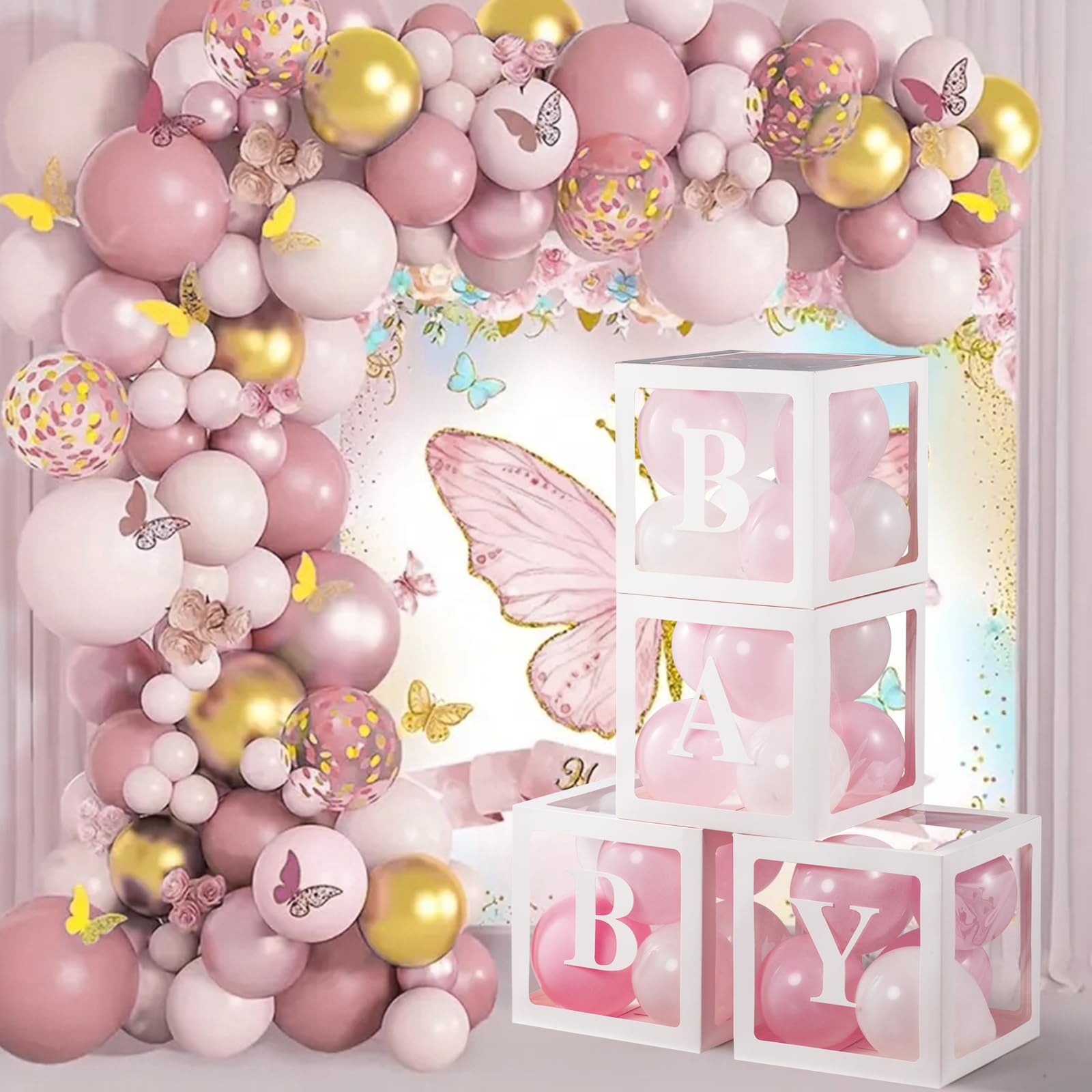 Kit Decoración Baby Shower Rosa 109 Piezas | Arco De Globos Con Letras Y Cajas De Bebé | Revelación De Género Y Bautizo