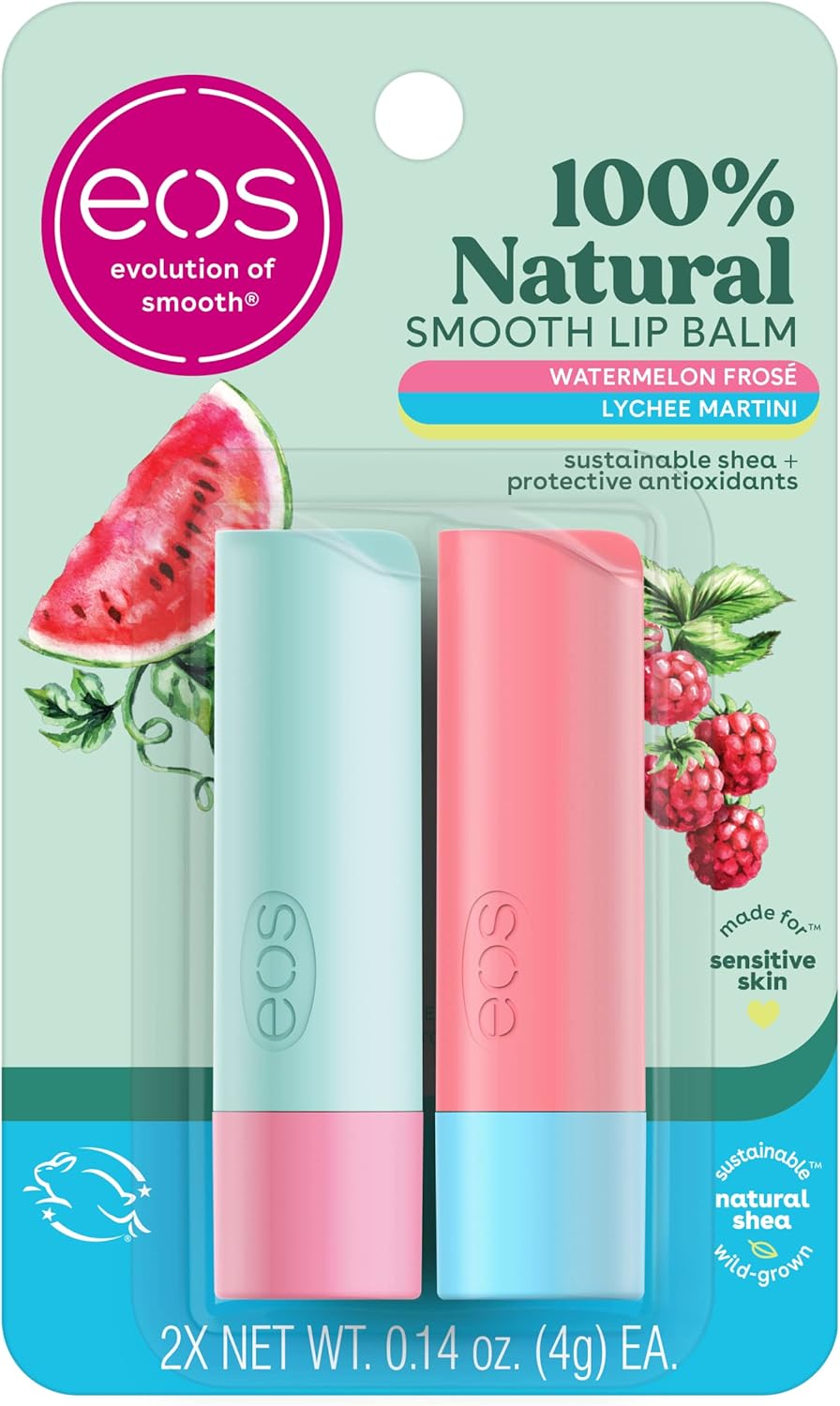 eos 100% Natural Lip Balm Sticks - Watermelon Frosé and Lychee Martini, All-Day Moisture, Dermatologist Recommended, All Natural Lip Balm, 0.14 oz, 2-Pack