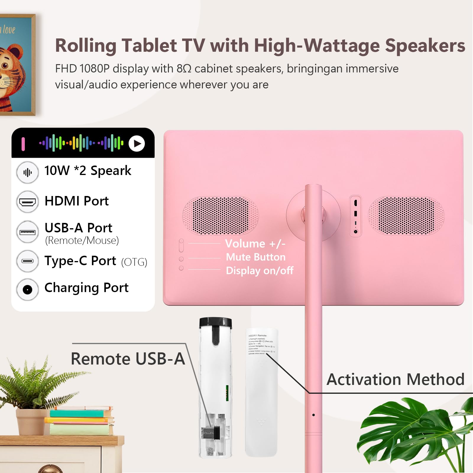 OFD TV portatile da 32 pollici su ruote FHD, Android 15, certificato EDLA, Rolling TV con 8+128GB ROM, monitor touch screen portatile, batteria incorporata 6-8H tempo di riproduzione, telecomando