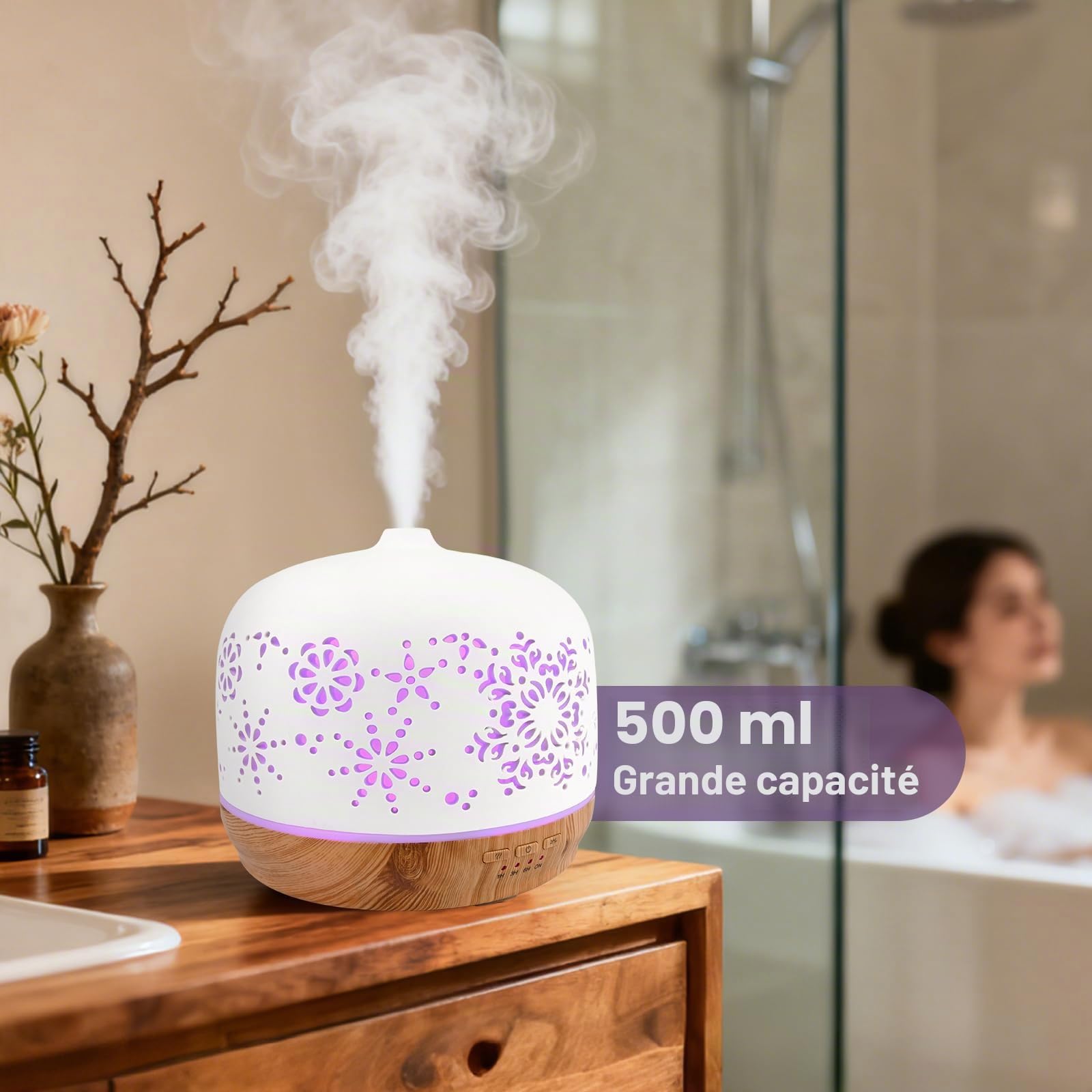 GuKKK 500ML Diffuseur d'huiles Essentielles en Céramique Blanche, Ultrasonique Humidificateur Diffuseur Aromathérapie Electrique, Arôme Parfum Electrique avec 7 Couleurs Lumières,pour Chambre/Yoga