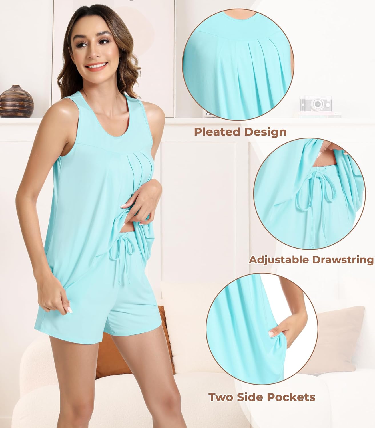 NACHILA Pajamas for Women-Viscose from Bamboo, Ribbed Racerback Tank Top Sexy Split Shorts Pajama Sets Cooling Sleep Cami Pjs - Image 4