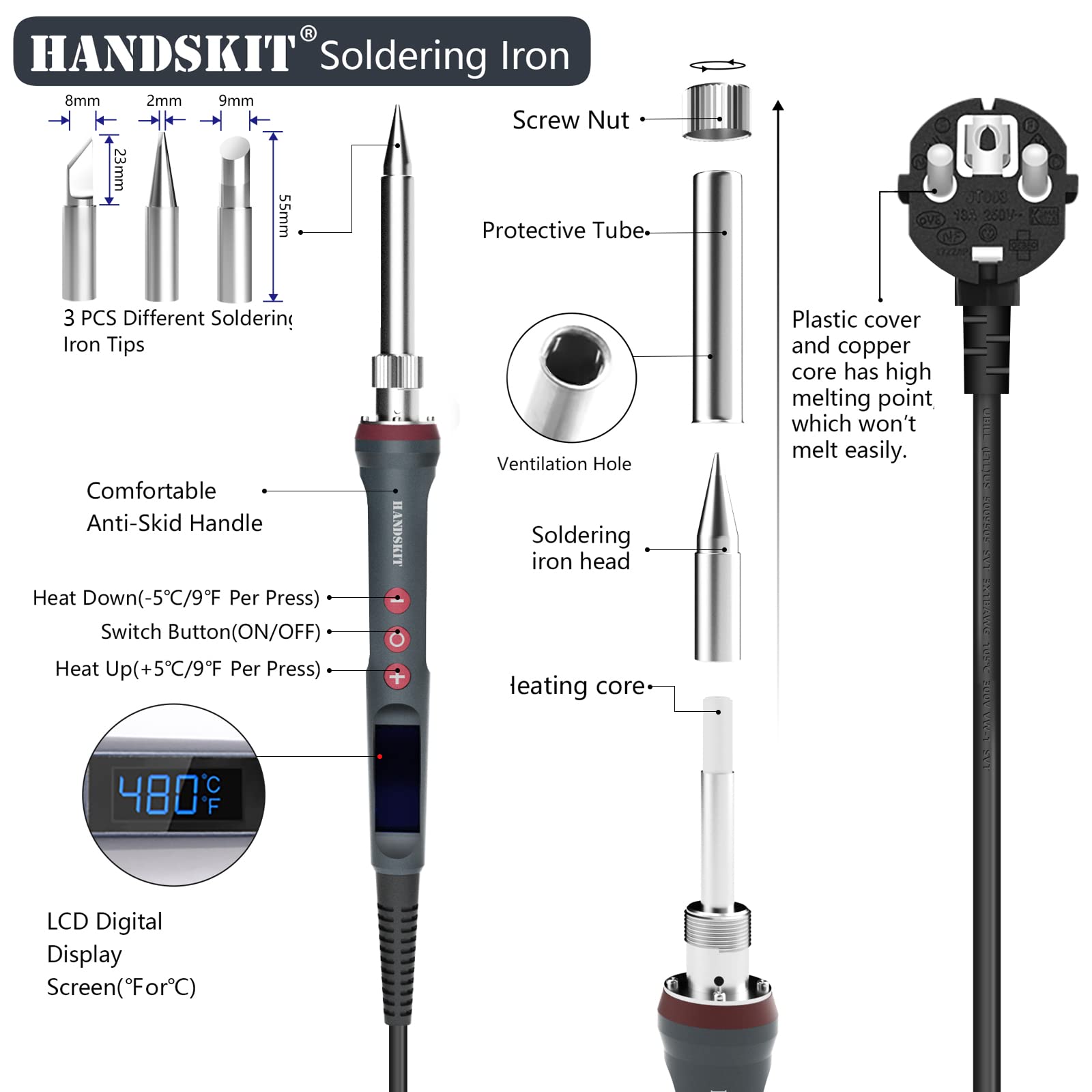 HANDSKIT Fer à souder 220V 200W avec écran LED, température réglable 180°C-480°C, 3 pointes, support mini, fil de soudure, calibration, fonction mémoire, bascule °C/°F, outils soudage électronique