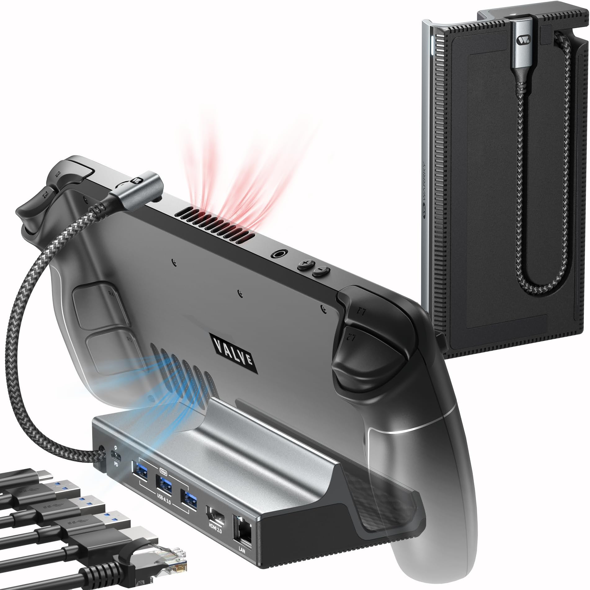 Steam Deck Dock 6 in 1, WARRKY 4K 60Hz Aluminum【Foldable Nylon Cable, Non-Blocking Vent】 HDMI 2.0, Gigabit Ethernet, 100W PD Charging, 3 USB 3.0 Compatible for ASUS ROG Ally, iPad, Laptop, SteamDeck