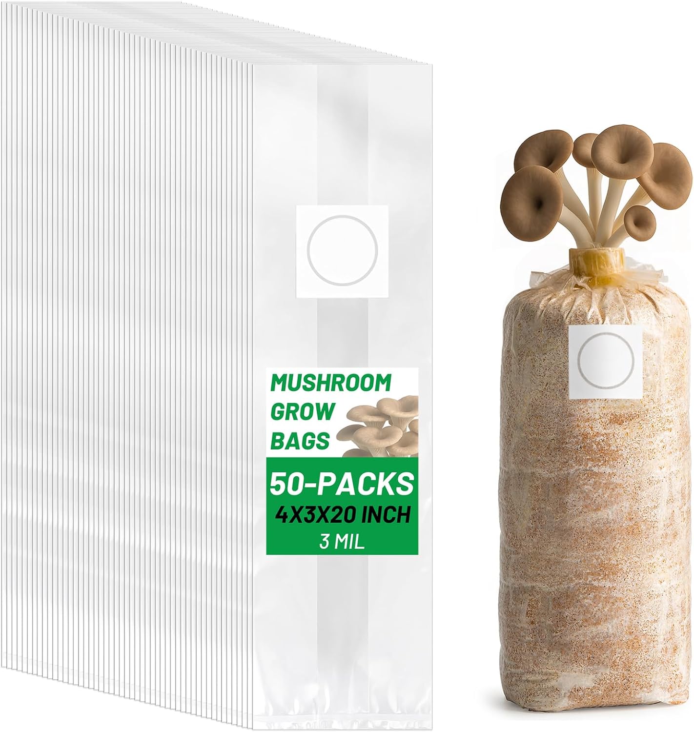 GREANER 50 Packs Mushroom Grow Bag, 6 Mil Spawn Bags for Growing, 0.2 Micron Filter Breathable-Large Size Autoclavable Bags（8"x5"x20"）