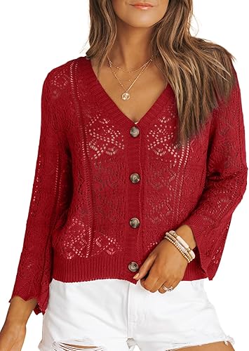 Miniatura 1 de Dokotoo Cárdigan corto de manga larga para mujer, suéter de punto de ganchillo, bolero con cuello en V y botones