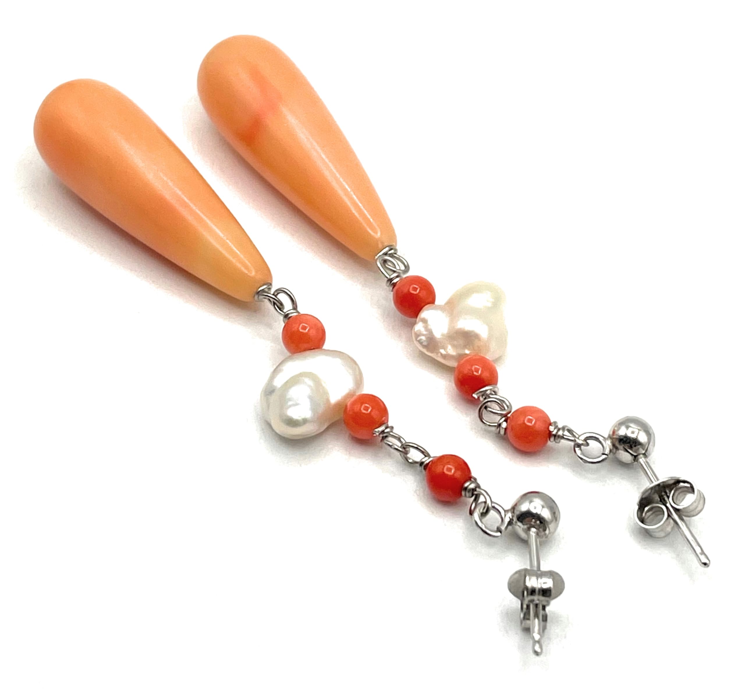Orecchini Corallo Rosa e Perle Keshi, Pendenti in Argento 925 Made in Italy, Gioielli Pietre Naturali, Bijoux Artigianali, Regalo per Lei