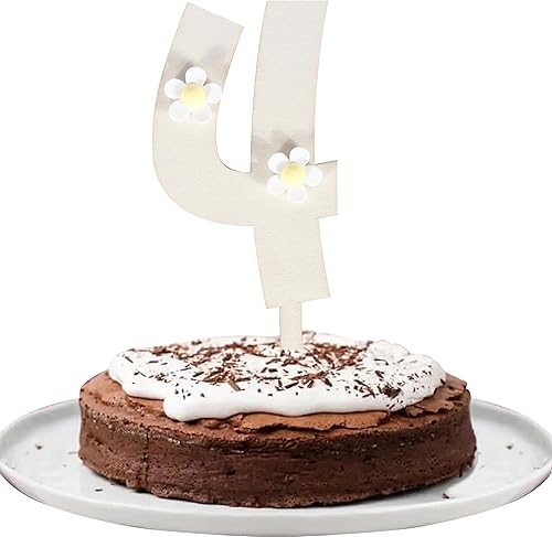 4 piezas de decoración de pastel de margaritas de 4 cumpleaños de madera con el número 4 de margaritas para tartas de cumpleaños boho retro Groovy