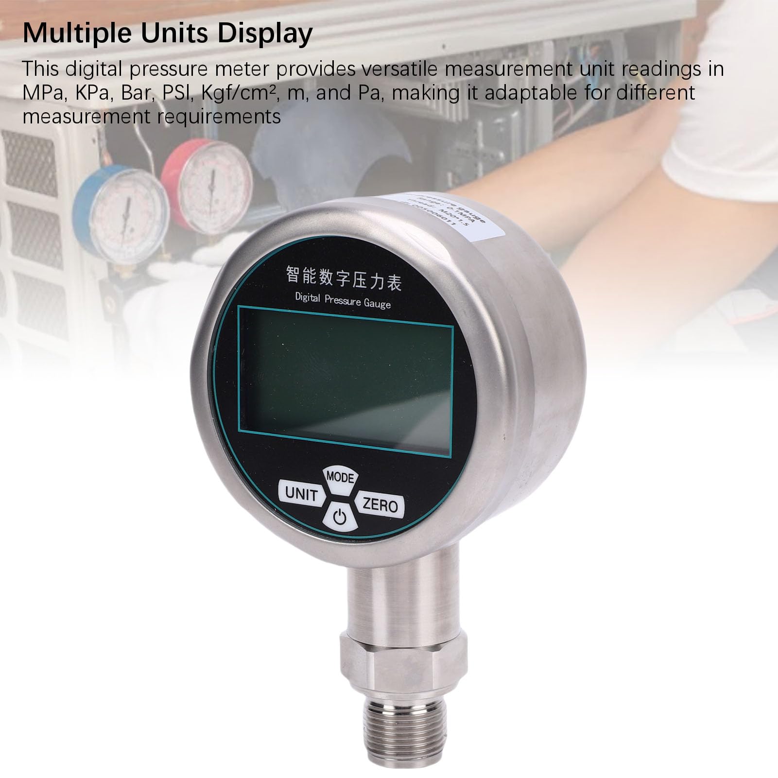 Asixxsix Misuratore di pressione digitale, Testatore di pressione di visualizzazione a 5 cifre, Gamma di 0-1MPa, 7 unità misuratore di pressione in acciaio inossidabile per acqua petrolio