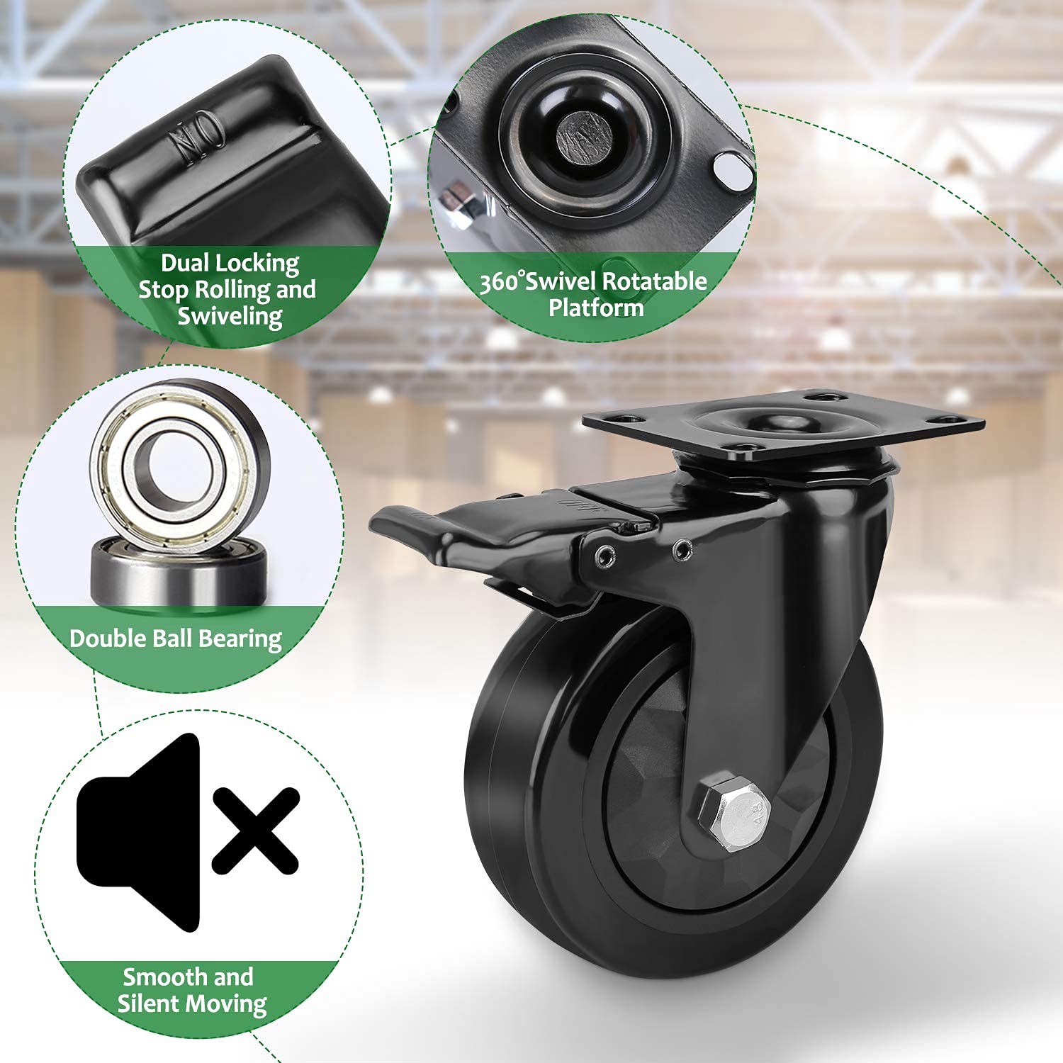 Flash Deals - 60% OFF Caster Wheels 4 inch Set of 4, with Safety Dual Locking Bearing Casters, and No Noise Swivel Plate Castors Wheels, Heavy Duty - 300 Lbs Per Casters