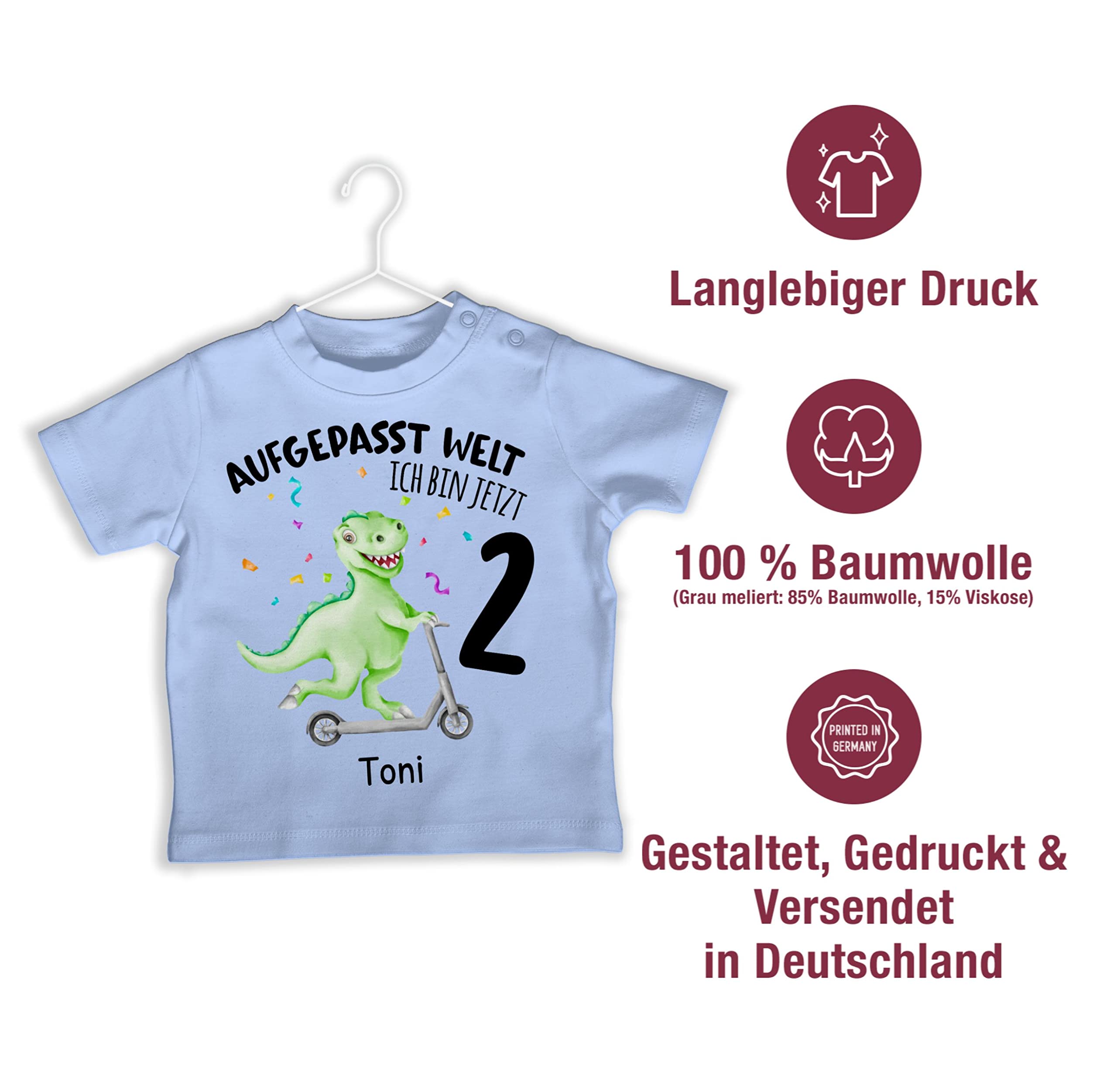 Geschenk mit Namen personalisiert by Shirtracer - Baby T-Shirt Mädchen Jungen - 2. Geburtstag - Aufgepasst Welt - Ich Bin jetzt 2 - Dino mit Name zum Zweiten