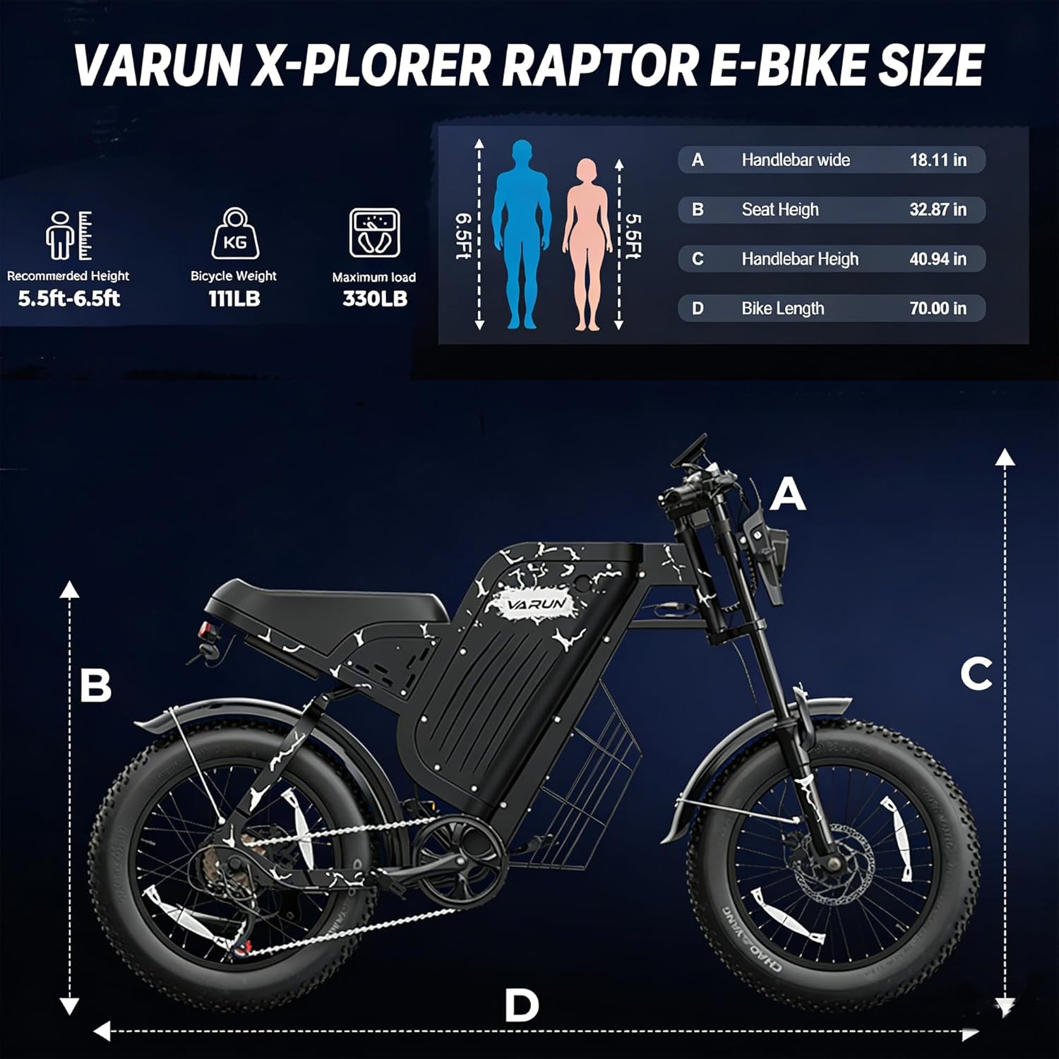 VARUN Xplorer Raptor Electric Dirt Bike for Adults- Peak 1000W,Up to 60/87+Miles & 28MPH,20.8/31.5Ah Battery, 20" Fat Tires, 7-Speed All-Terrain E-Bike with Suspension, LED Lights & Turn Signals