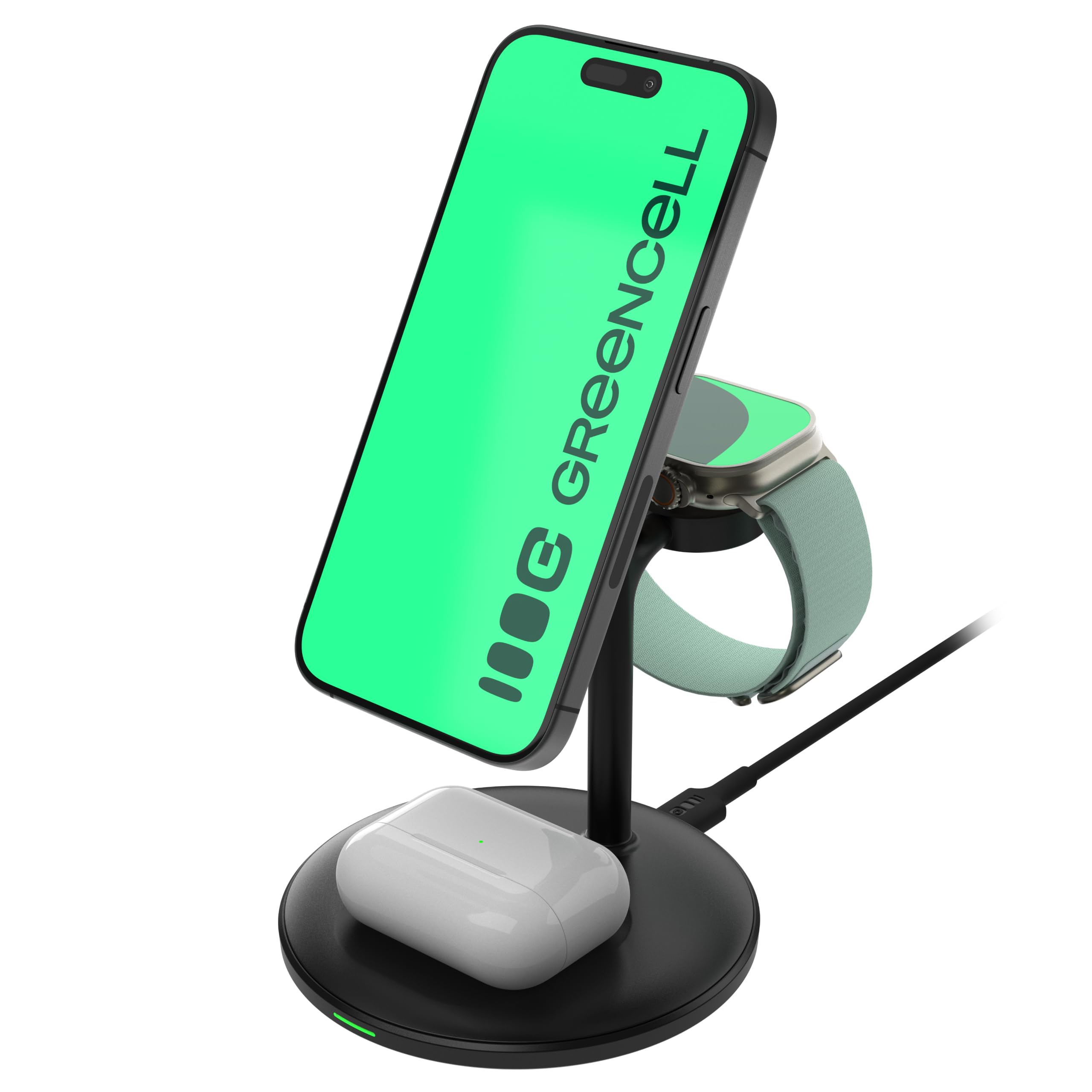 Greencell MagScape MagScape - Soporte de Carga inductivo 3 en 1 MagSafe para iPhone, Apple Watch, AirPods y Otros Auriculares inalámbricos, Color Negro