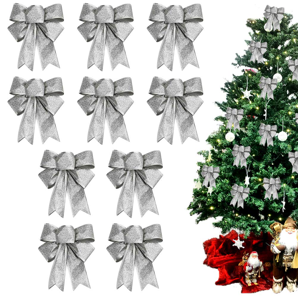 Btggg Silver 10 Pieces Bows For Presents Christmas Bows Xmas Tree Ornaments Glitter Bowknot Ribbon Christmas Decorations For Presents Box, Party, 25 * 20Cm (Sliver)