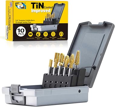 Carbide Burrs TiN Set with 1/4Shank Double Cut Solid Power Tools Tungsten Carbide Rotary Files Bits for Die Grinder Metal Wood Carving Engraving Polishing Drilling Grinding Milling Cutting 10pcs