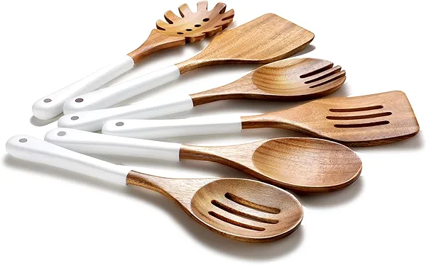 ROSOS Wooden Spoons For Cooking, 6 Pieces Natural Acacia Wooden Cooking Utensils or Non-Stick Wood Kitchen Utensil Set for Kitchen Essentials, Wooden Cooking Utensils Set with Hanging Hole, White