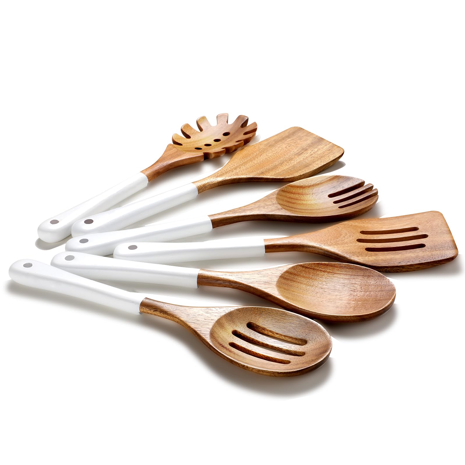 Wooden Spoons For Cooking, 6 Pieces Natural Acacia Wooden Cooking Utensils or Non-Stick Wood Kitchen Utensil Set for Kitchen Essentials, Wooden Cooking Utensils Set with Hanging Hole, White
