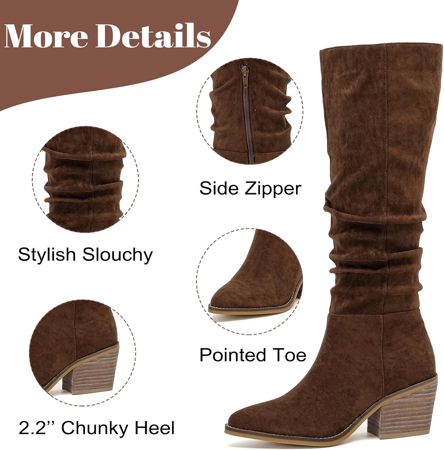 Women's Knee High Boots, Wide Calf Chunky Block Low Heel and Slouchy Pointed Toe Winter Long Boots for Women.