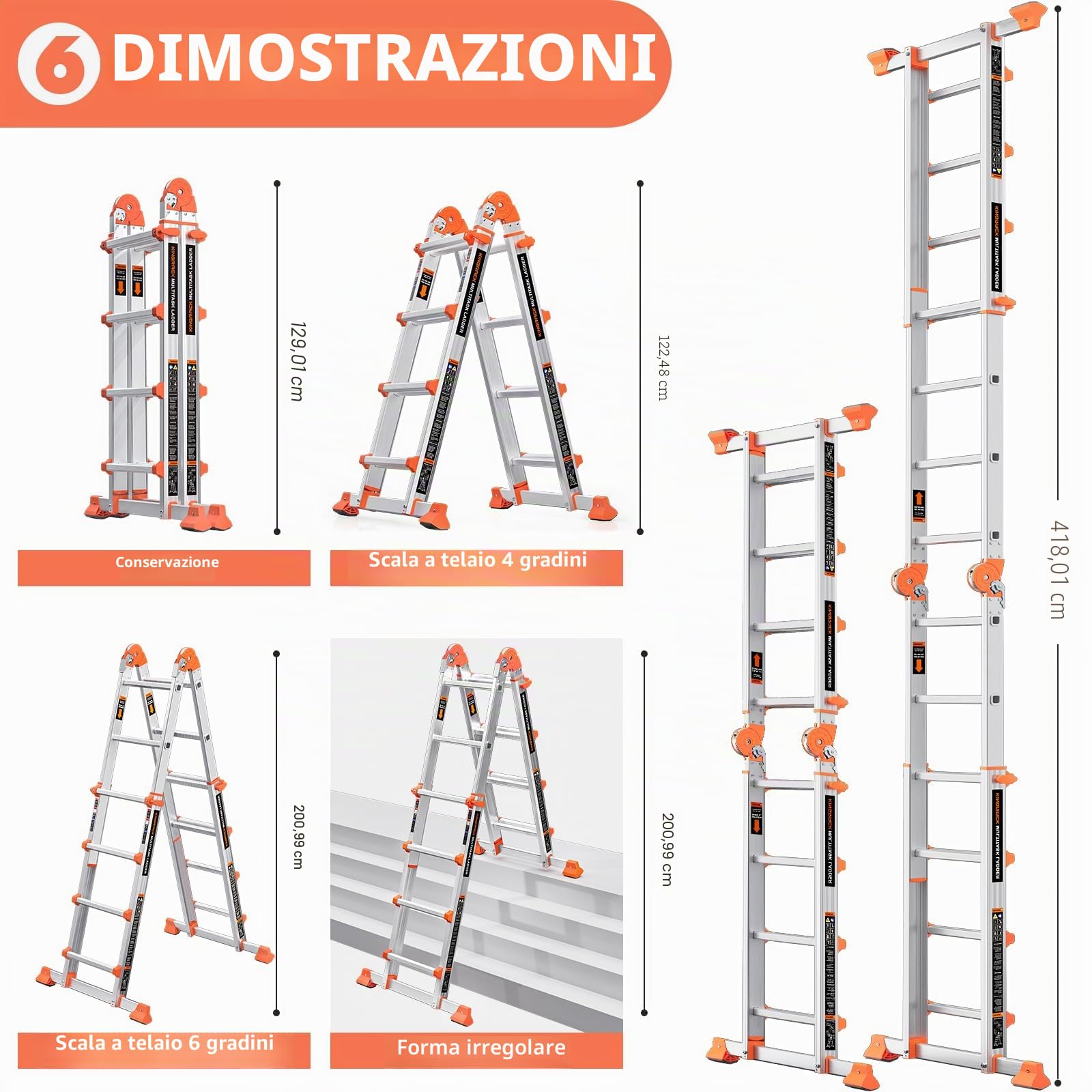 KINGRACK Scala telescopica in alluminio, scala allungabile multifunzionale antiscivolo con barra stabilizzatrice, carico di sicurezza 150kg, scala 4 gradini allungabile per scale, casa, esterno