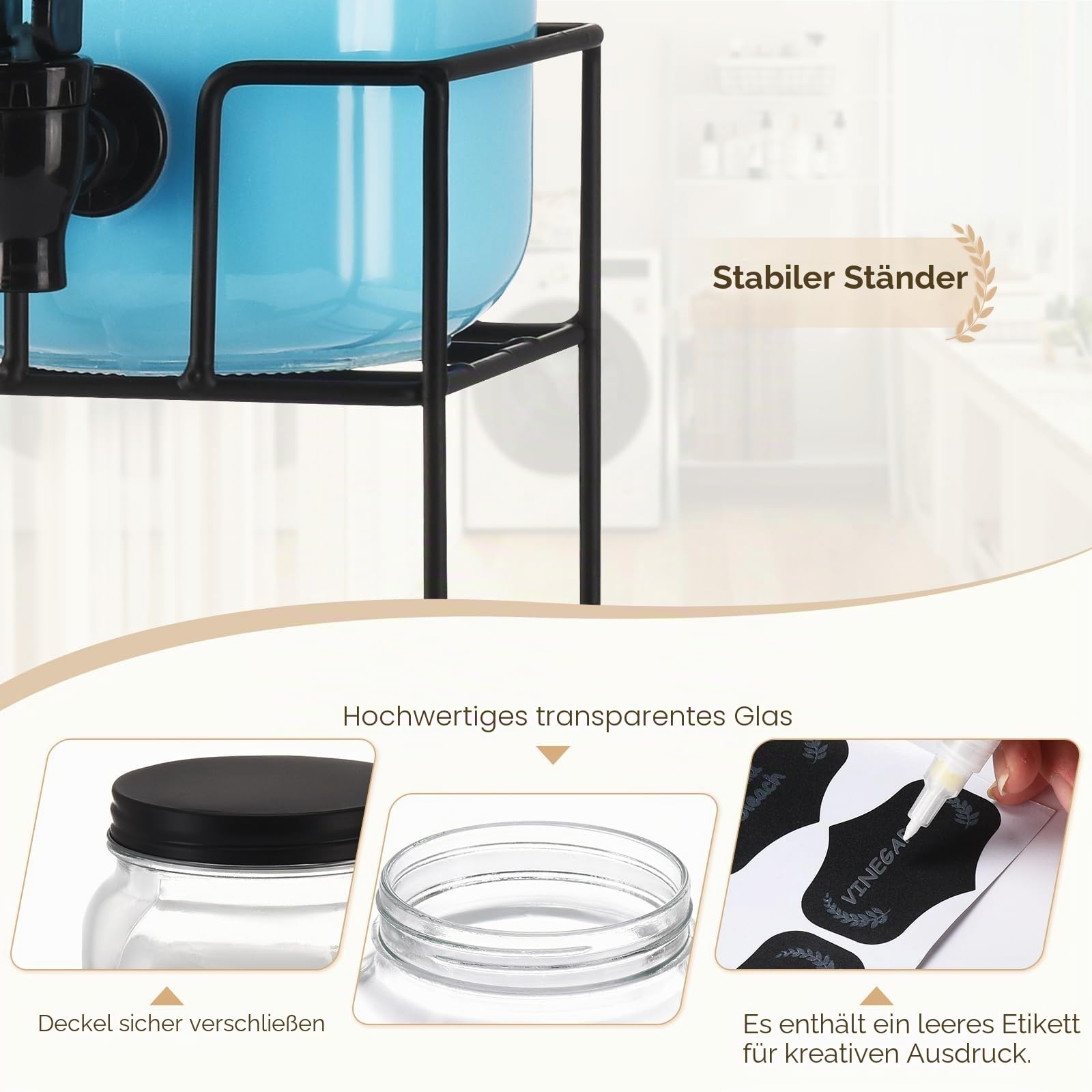 Flüssigwaschmittelspender, 3x 2.2L Waschmittelspender, Glasbehälter für Flüssigwaschmittel, Bleichmittel, Weichspüler, Waschseifenspender für Waschküchen-Organisation