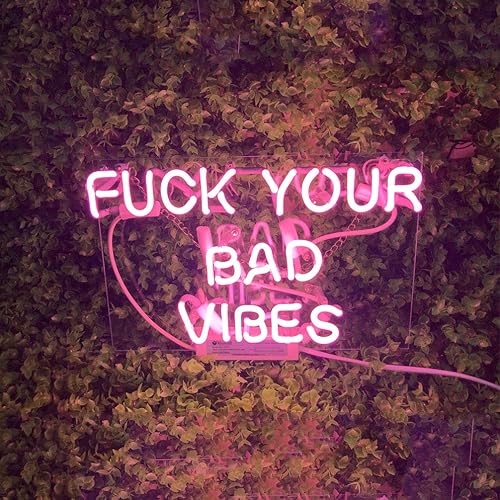 Miniatura 3 de Mugua "FUCK YOUR BAD VIBES ' Letrero de neón de cerveza hecho a mano de vidrio real rosa de 14 x 9 pulgadas para bar, dormitorio, garaje, sala