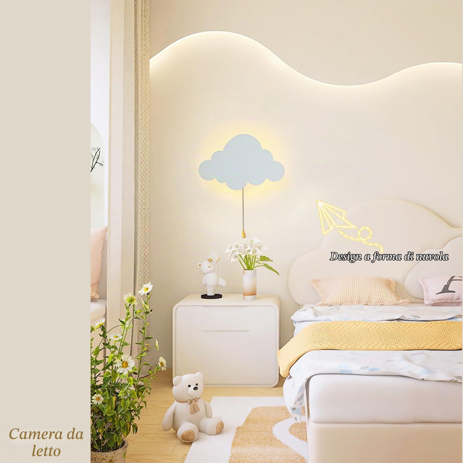 Chrasy Applique LED Bambini a Forma di Nuvola in Ferro Bianco 5W con USB | Interruttore tramite Cordino, Luce Calda Delicata, Alimentazione tramite Pile, Atmosfera Rilassante per Cameretta e Lettura