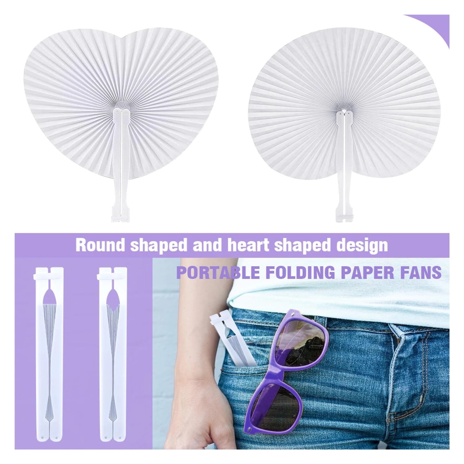 Papier FaltfäCher 15/30/50cs Herzform Runder Faltfächer Blanko Papier Handfächer mit Kunststoffgriffen DIY Malerei Geburtstag Hochzeit Party Dekor(Circular,50Pcs)